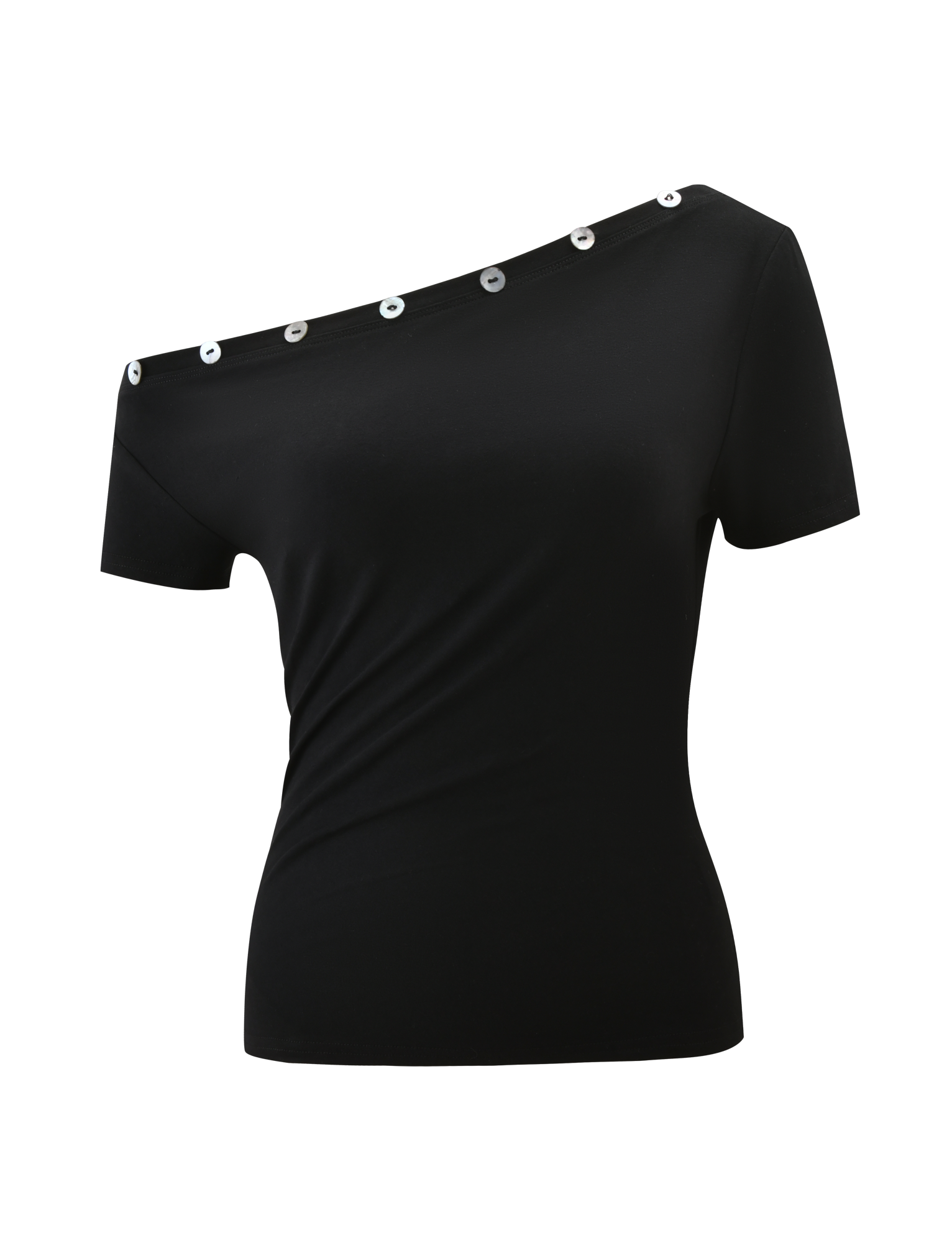 The MARITA TOP - BLACK by TIGERMIST features a fitted, short-sleeve design with an asymmetrical neckline and bold silver grommet details, delivering a sleek silhouette for a standout look.