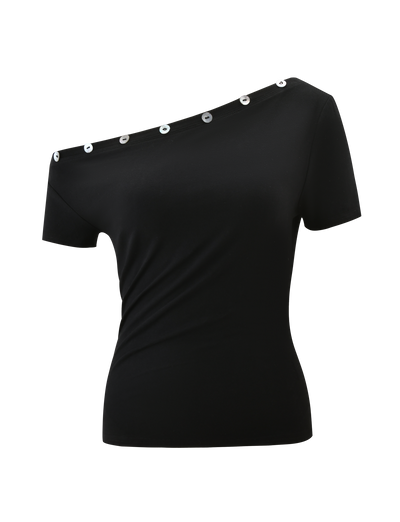 The MARITA TOP - BLACK by TIGERMIST features a fitted, short-sleeve design with an asymmetrical neckline and bold silver grommet details, delivering a sleek silhouette for a standout look.