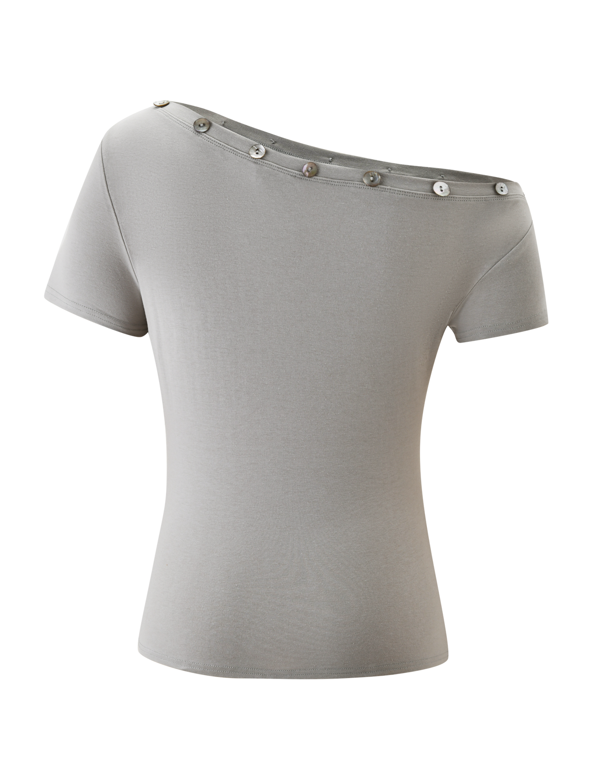The MARITA TOP by TIGERMIST is a dove grey, fitted off-the-shoulder tee with short sleeves and decorative buttons accenting its asymmetrical neckline. Smooth in texture, this top makes a chic statement.