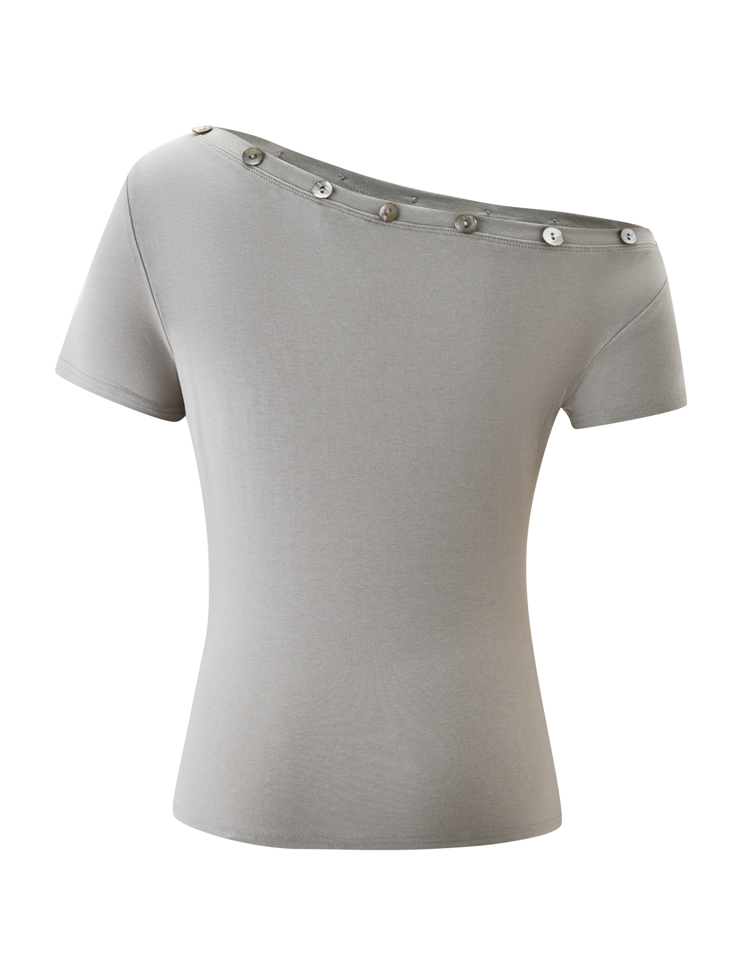 The MARITA TOP by TIGERMIST is a dove grey, fitted off-the-shoulder tee with short sleeves and decorative buttons accenting its asymmetrical neckline. Smooth in texture, this top makes a chic statement.