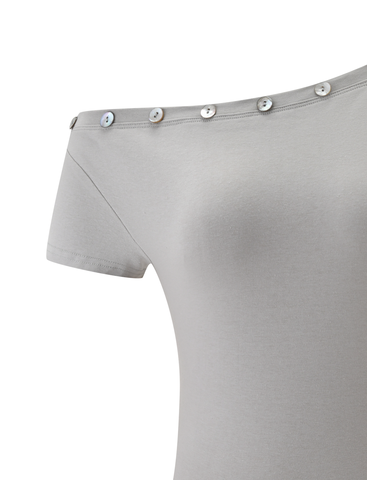 The MARITA TOP by TIGERMIST is a dove grey, short-sleeve off-shoulder tee featuring an asymmetrical neckline and metallic buttons along the edge, displayed on a white background.