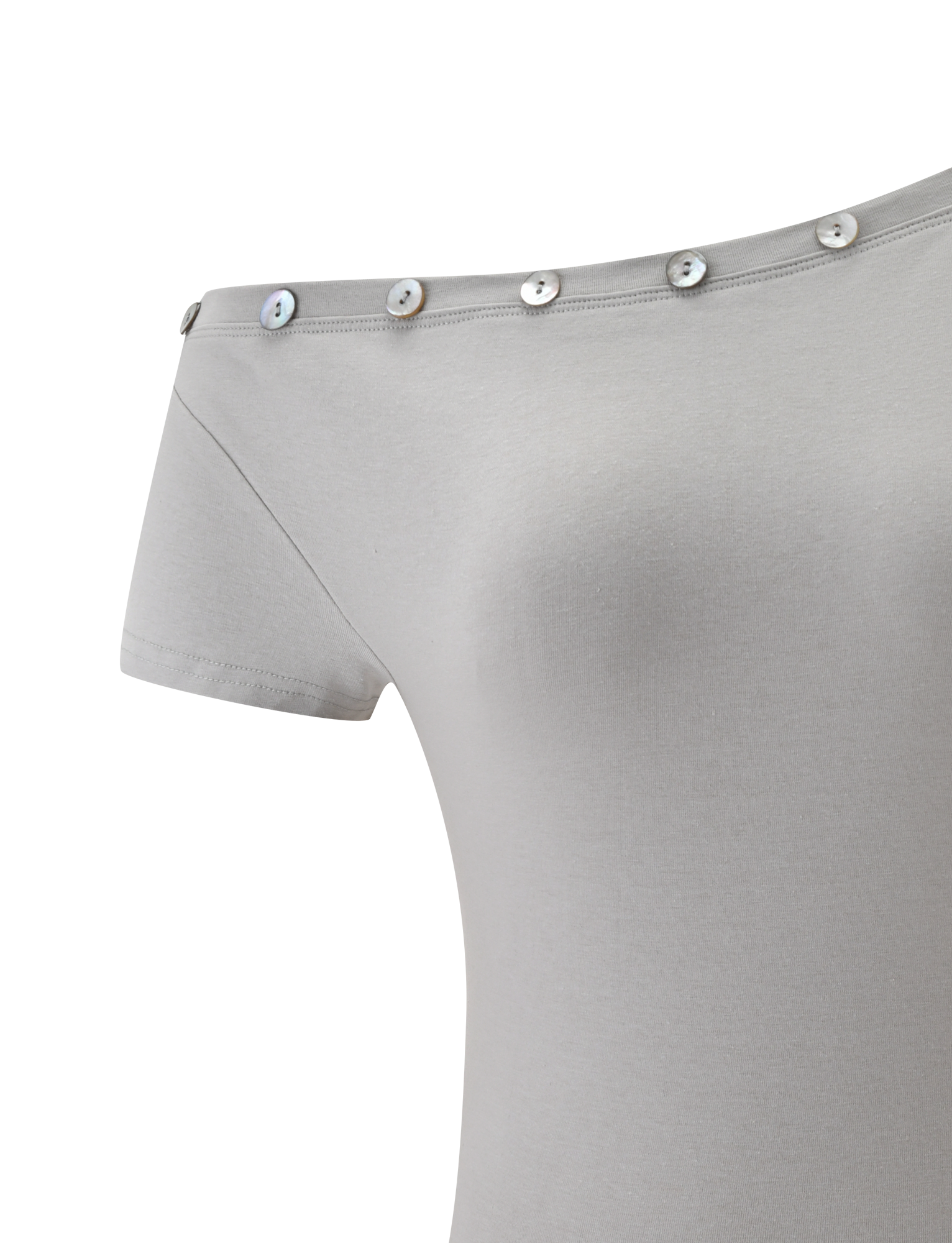 The MARITA TOP by TIGERMIST is a dove grey, short-sleeve off-shoulder tee featuring an asymmetrical neckline and metallic buttons along the edge, displayed on a white background.