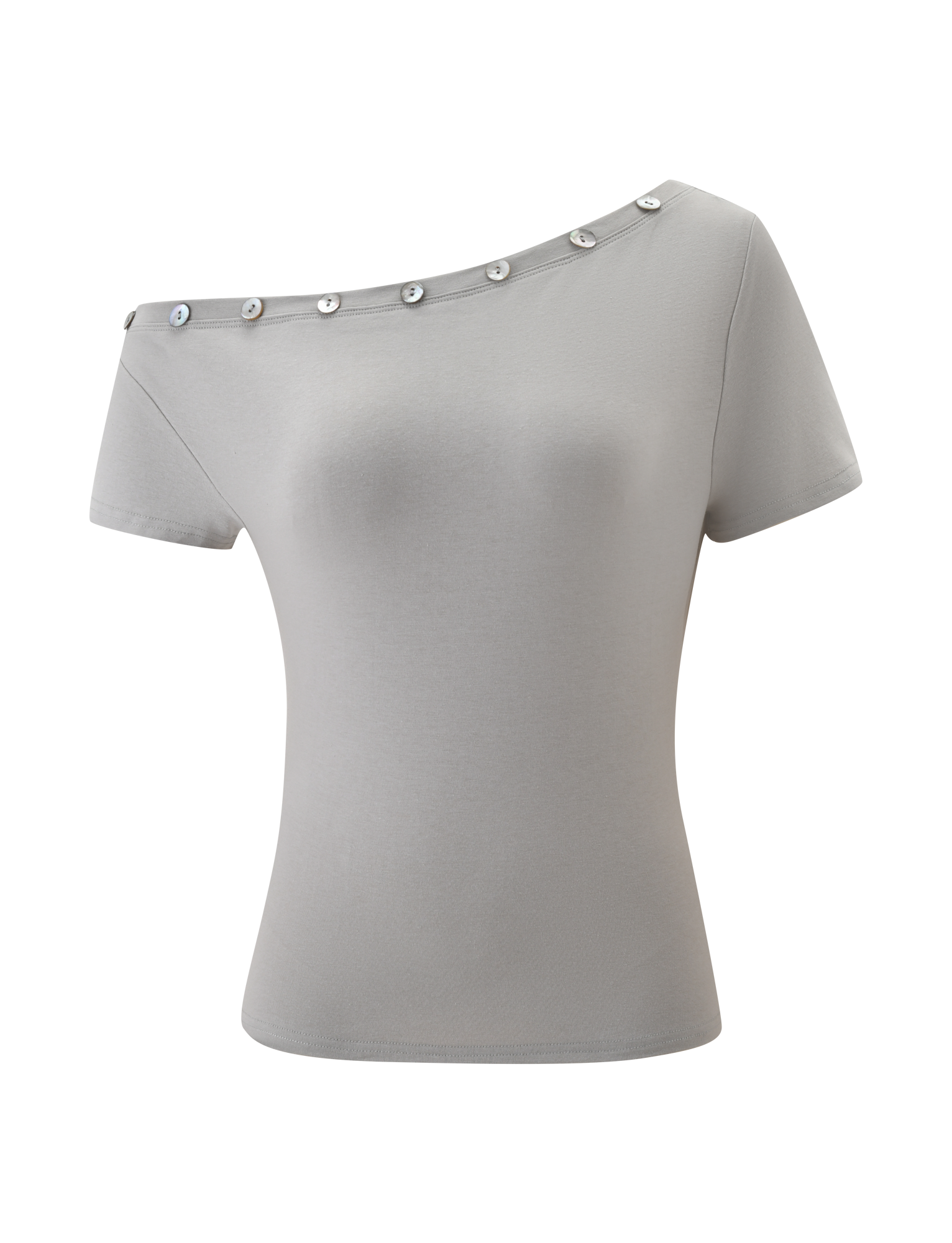 The MARITA TOP by TIGERMIST in dove grey is a fitted women’s short-sleeve top with an asymmetrical, off-the-shoulder neckline and decorative silver buttons.