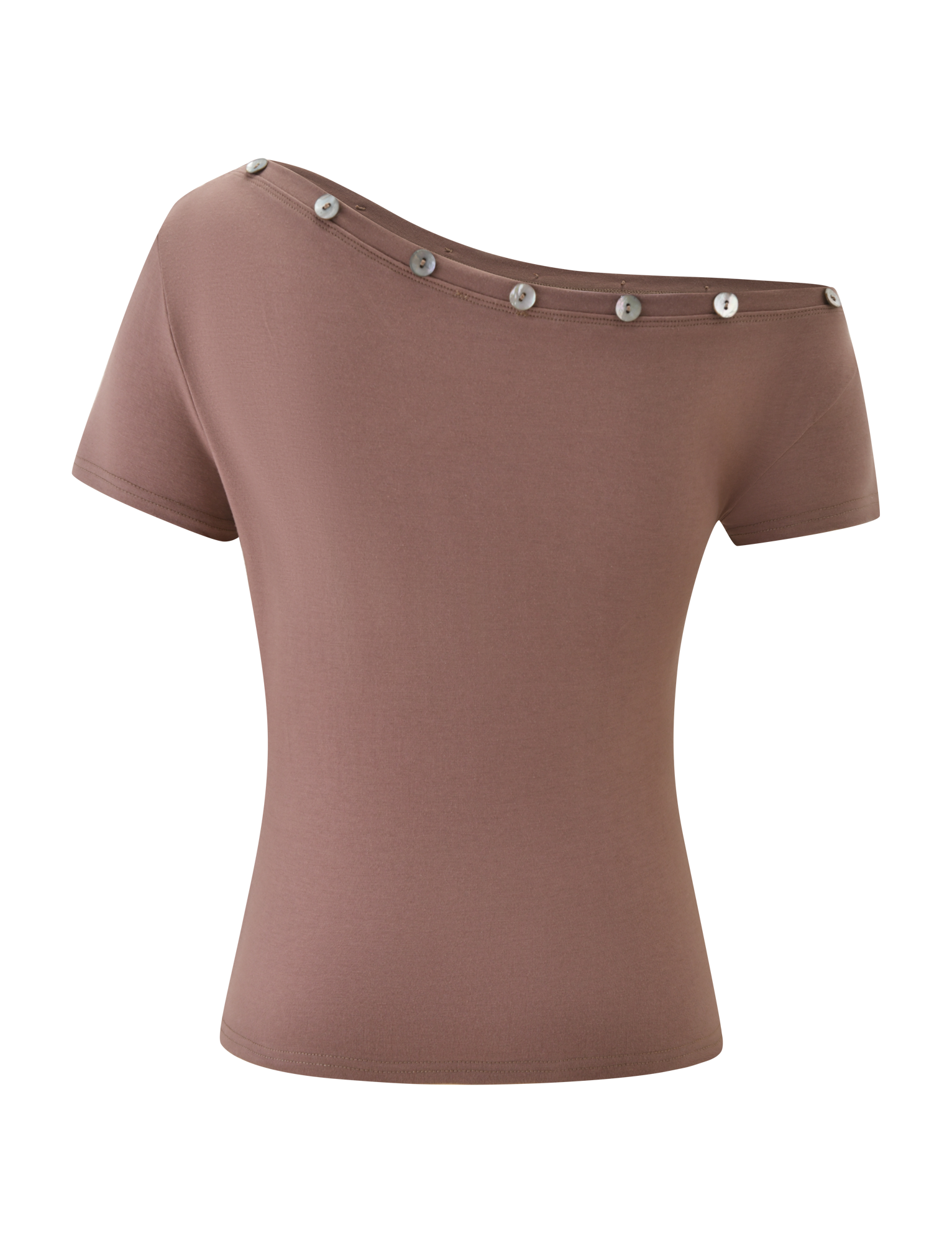 The MARITA TOP - MOCHA by TIGERMIST is a women’s short-sleeve tee featuring an asymmetrical, off-the-shoulder neckline with silver buttons. Its soft, fitted mauve fabric is displayed on a plain white background.