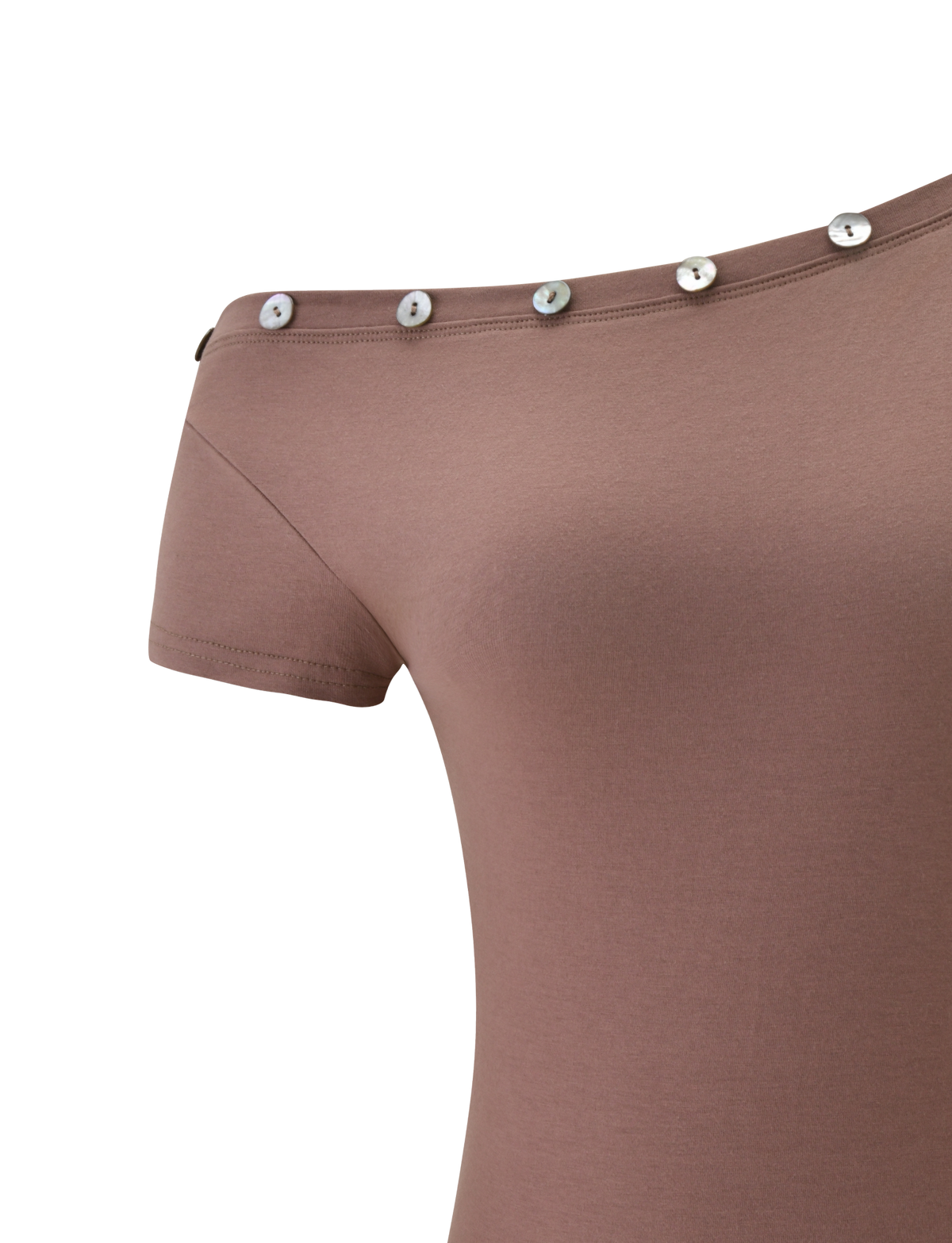 A close-up of the TIGERMIST MARITA TOP in mocha, featuring an off-the-shoulder asymmetrical neckline, short sleeves, and shiny silver buttons along the edge.