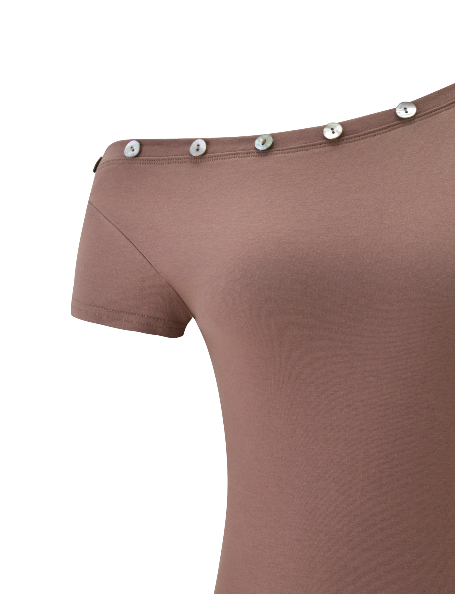 A close-up of the TIGERMIST MARITA TOP in mocha, featuring an off-the-shoulder asymmetrical neckline, short sleeves, and shiny silver buttons along the edge.