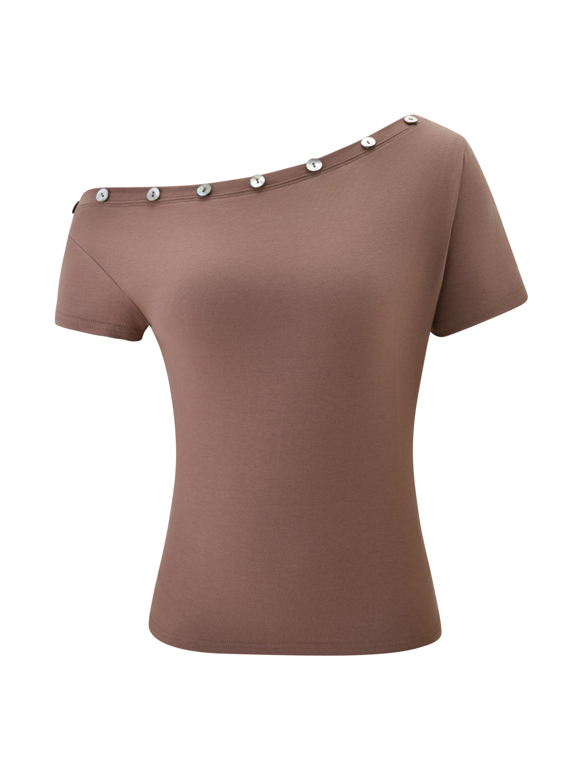 The MARITA TOP - MOCHA by TIGERMIST is a fitted, short-sleeve off-shoulder top featuring an asymmetrical neckline and metallic buttons, shown on a plain white background.