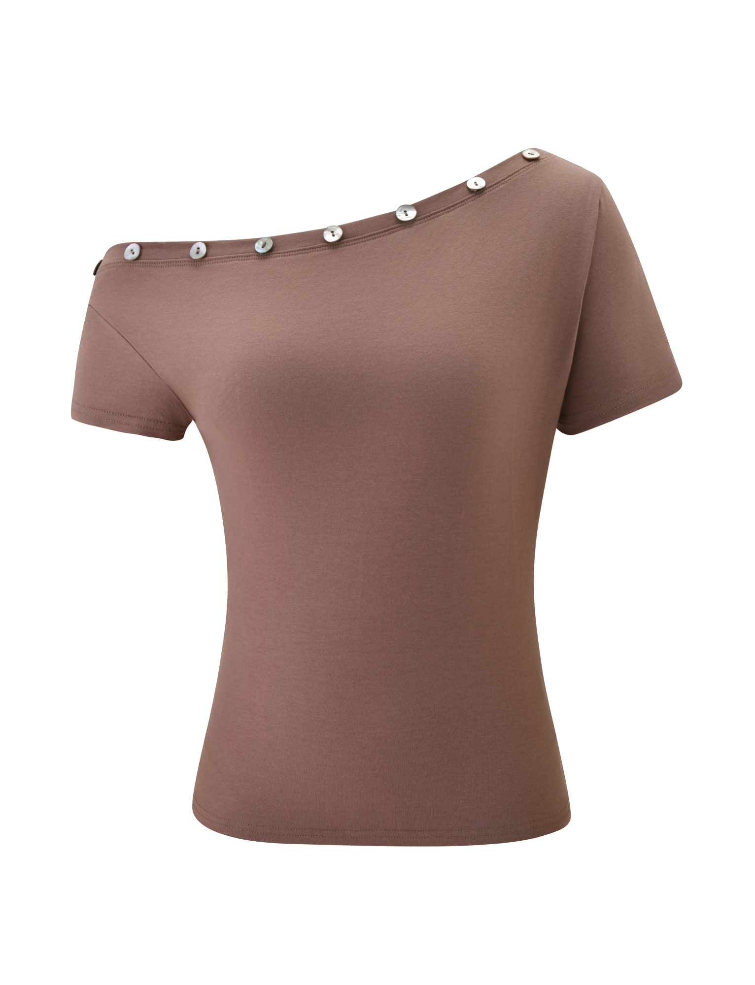 The MARITA TOP - MOCHA by TIGERMIST is a fitted, short-sleeve off-shoulder top featuring an asymmetrical neckline and metallic buttons, shown on a plain white background.