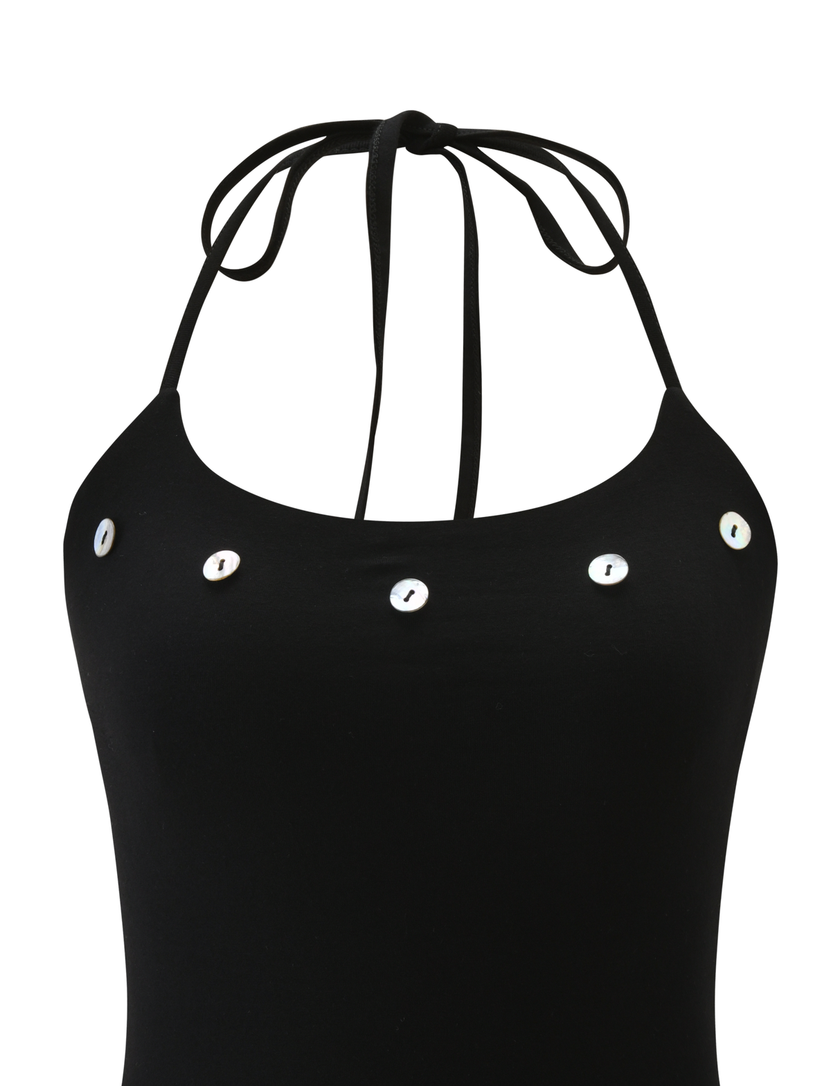 A close-up of the TIGERMIST PIPPA TOP - BLACK, featuring a scoop neckline with a neck tie and five white round decorative buttons across the chest.