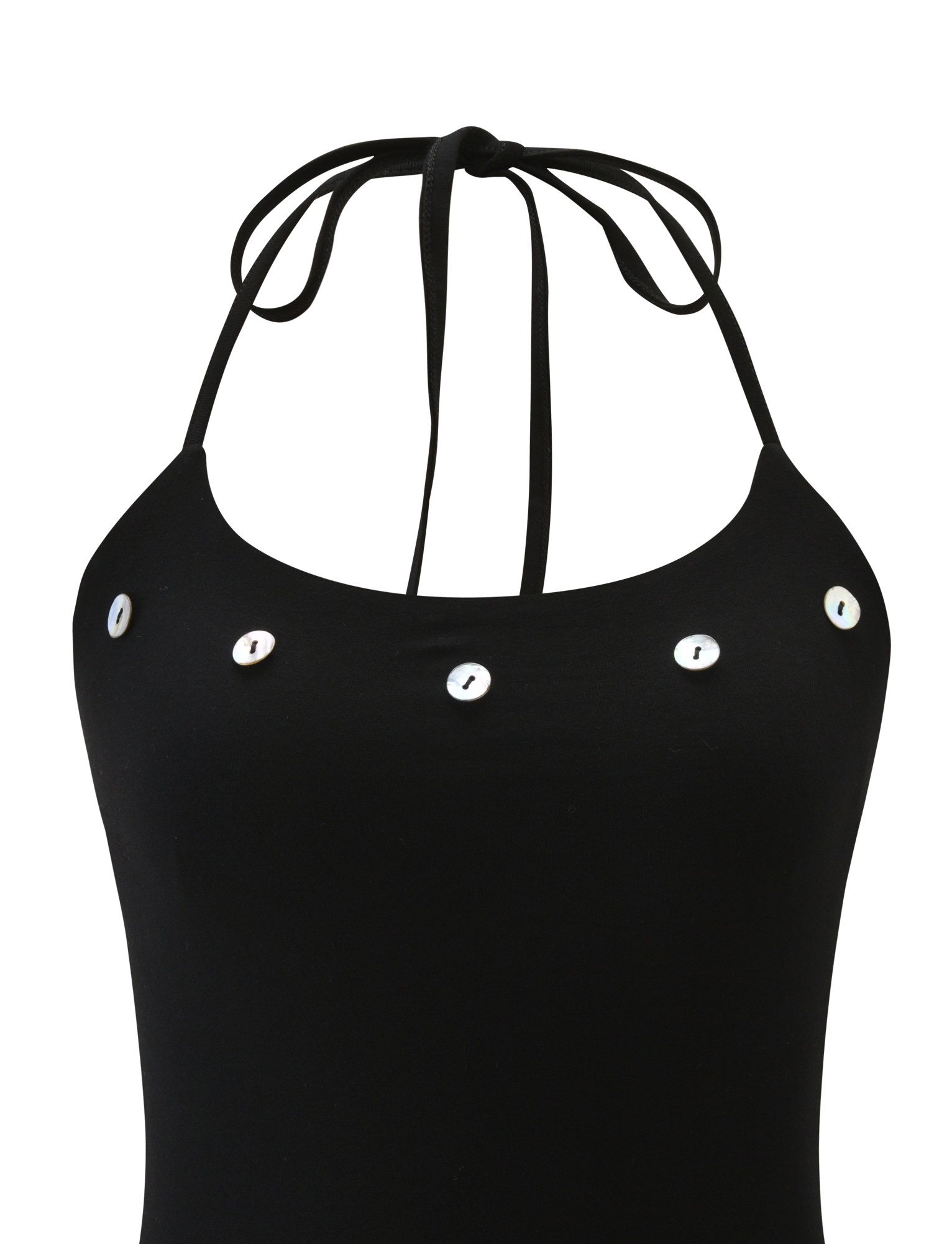 A close-up of the TIGERMIST PIPPA TOP - BLACK, featuring a scoop neckline with a neck tie and five white round decorative buttons across the chest.