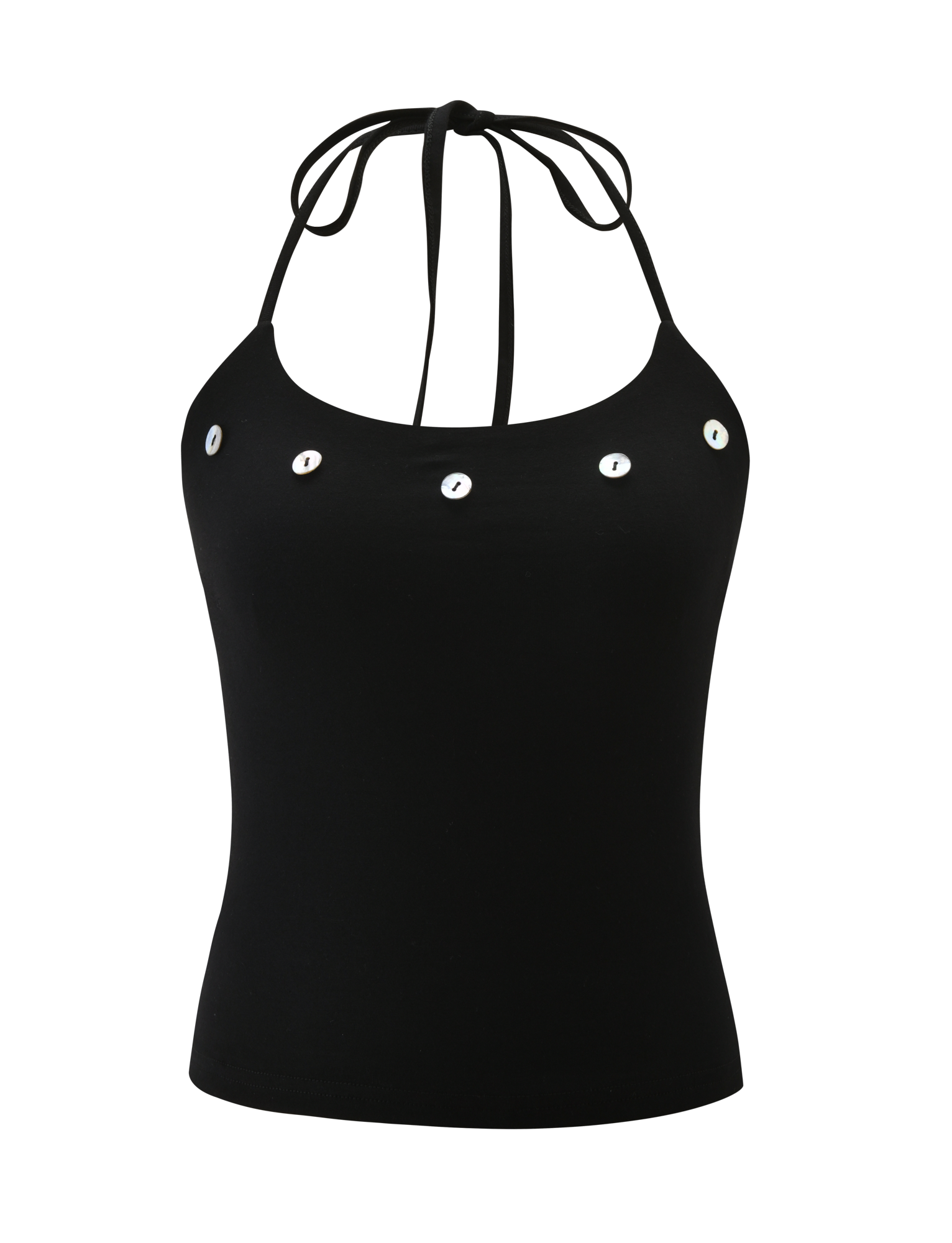 The PIPPA TOP - BLACK by TIGERMIST is a halter neck tank featuring thin tie straps, a scoop neckline, and five silver grommet-style eyelets in a horizontal line across the chest.