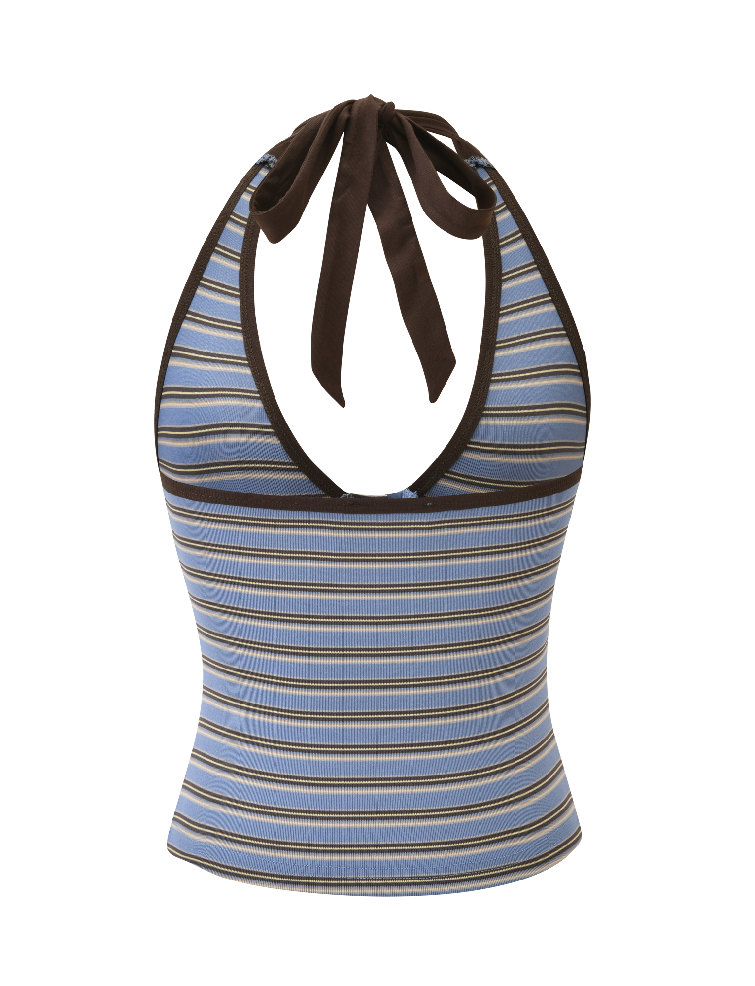 The EMERSYN TOP - MULTISTRIPE by TIGERMIST is a sleeveless halter tank top with brown, blue, and white horizontal stripes, featuring a deep V-neckline, a brown neck tie, and brown trim along the edges.