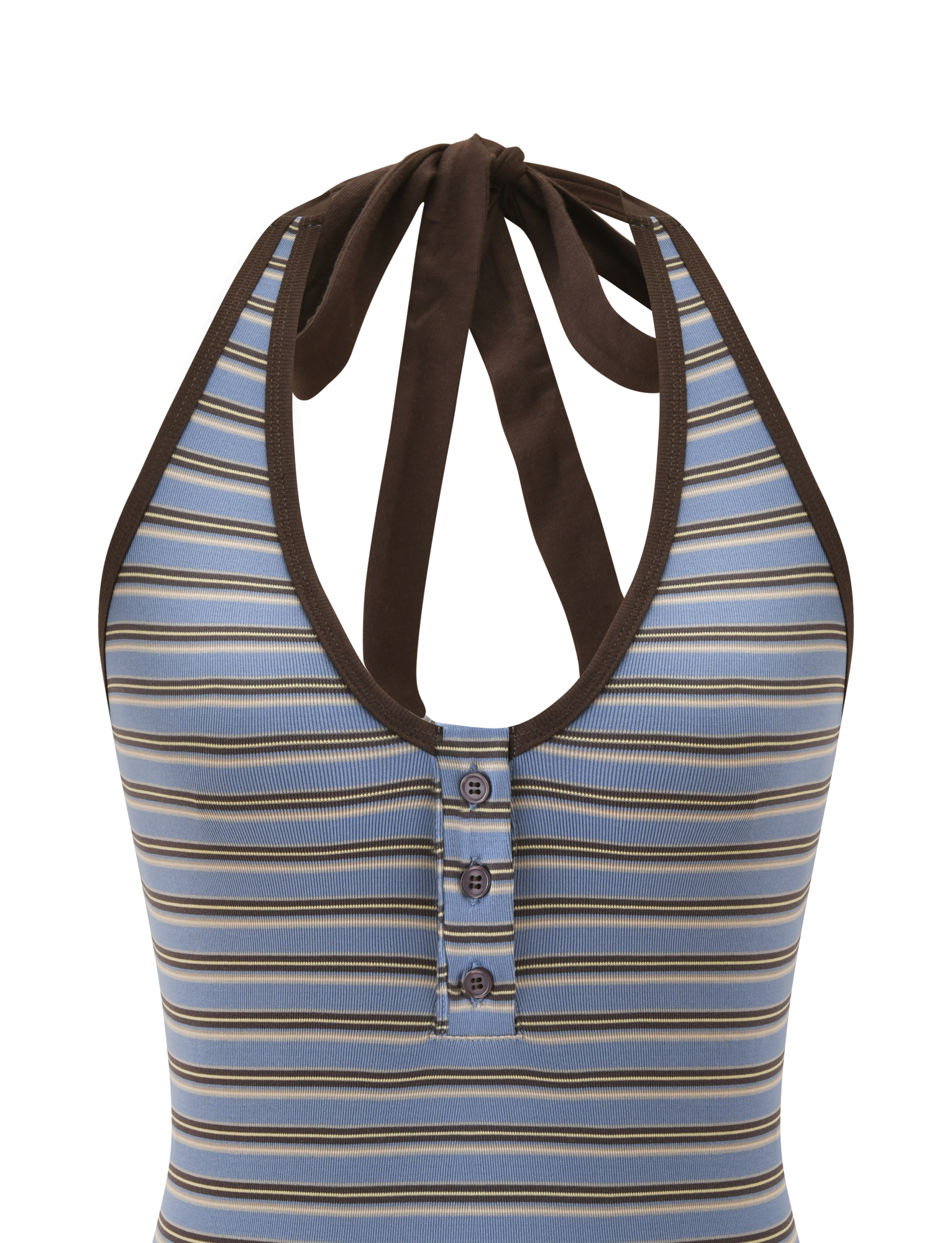 A close-up of the TIGERMIST EMERSYN TOP - MULTISTRIPE, a sleeveless halter tank featuring blue and brown stripes, a deep V neckline, ribbed knit texture, contrasting brown trim, front button details, and a brown tie at the neck.