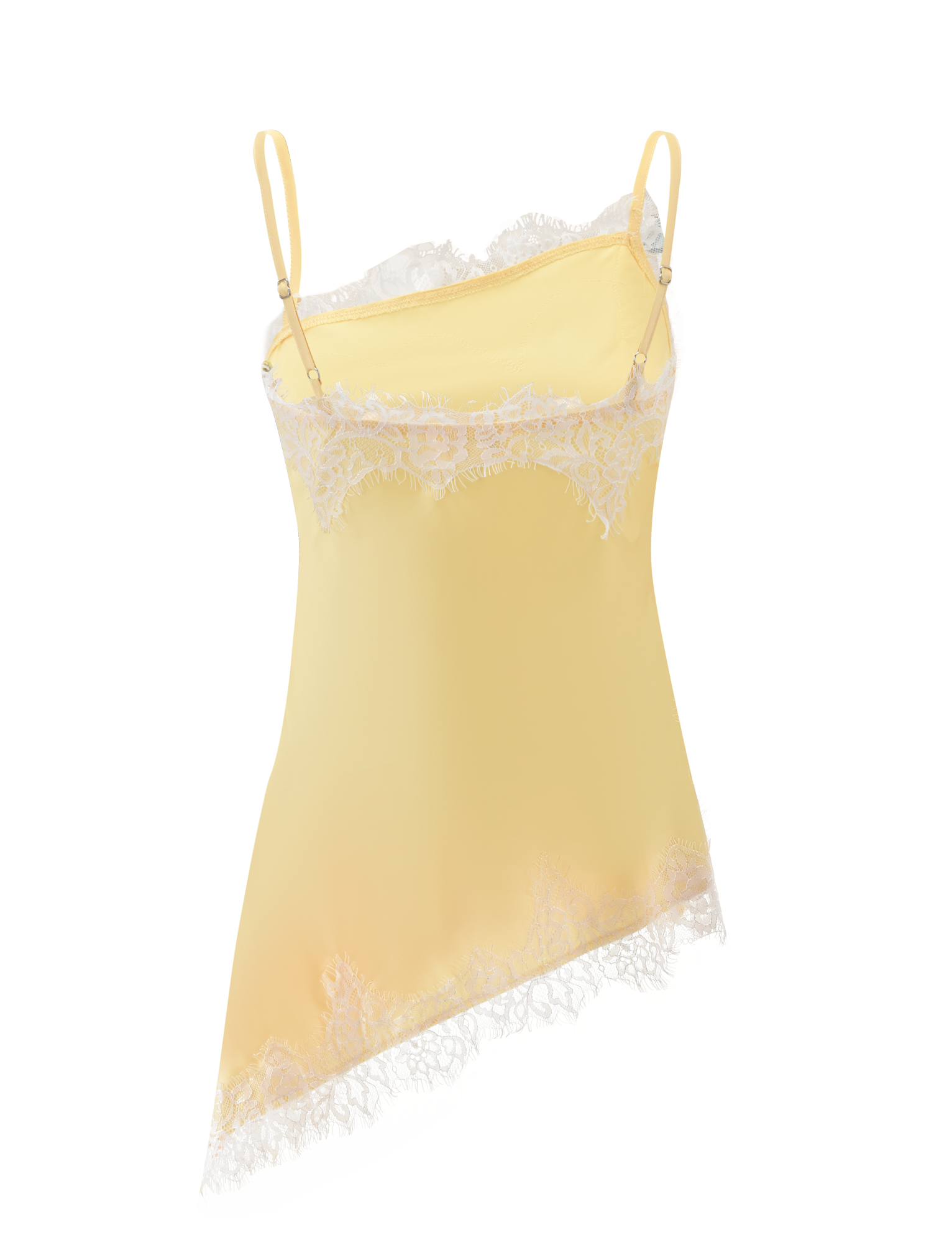 The SOLSTICE TOP - YELLOW by TIGERMIST is a yellow satin singlet with adjustable spaghetti straps, ivory lace trim on the neckline and hem, and an asymmetrical bottom cut.