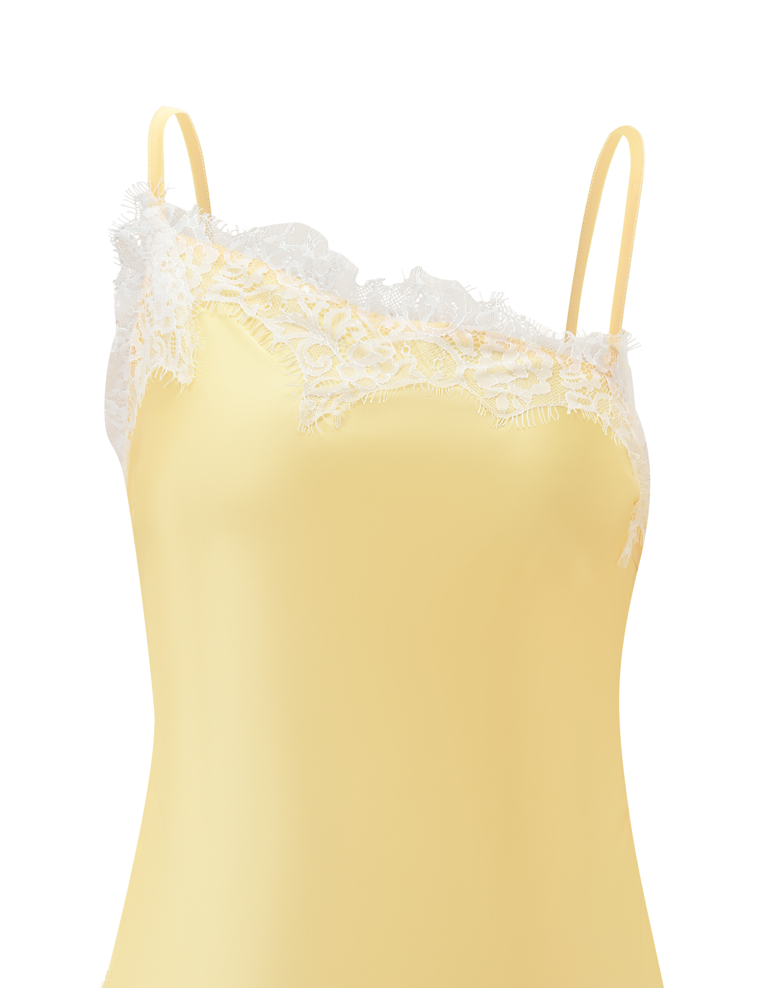 A close-up of the SOLSTICE TOP - YELLOW by TIGERMIST, featuring yellow satin fabric, thin straps, and ivory lace trim on an asymmetrical neckline, set against a plain white background.