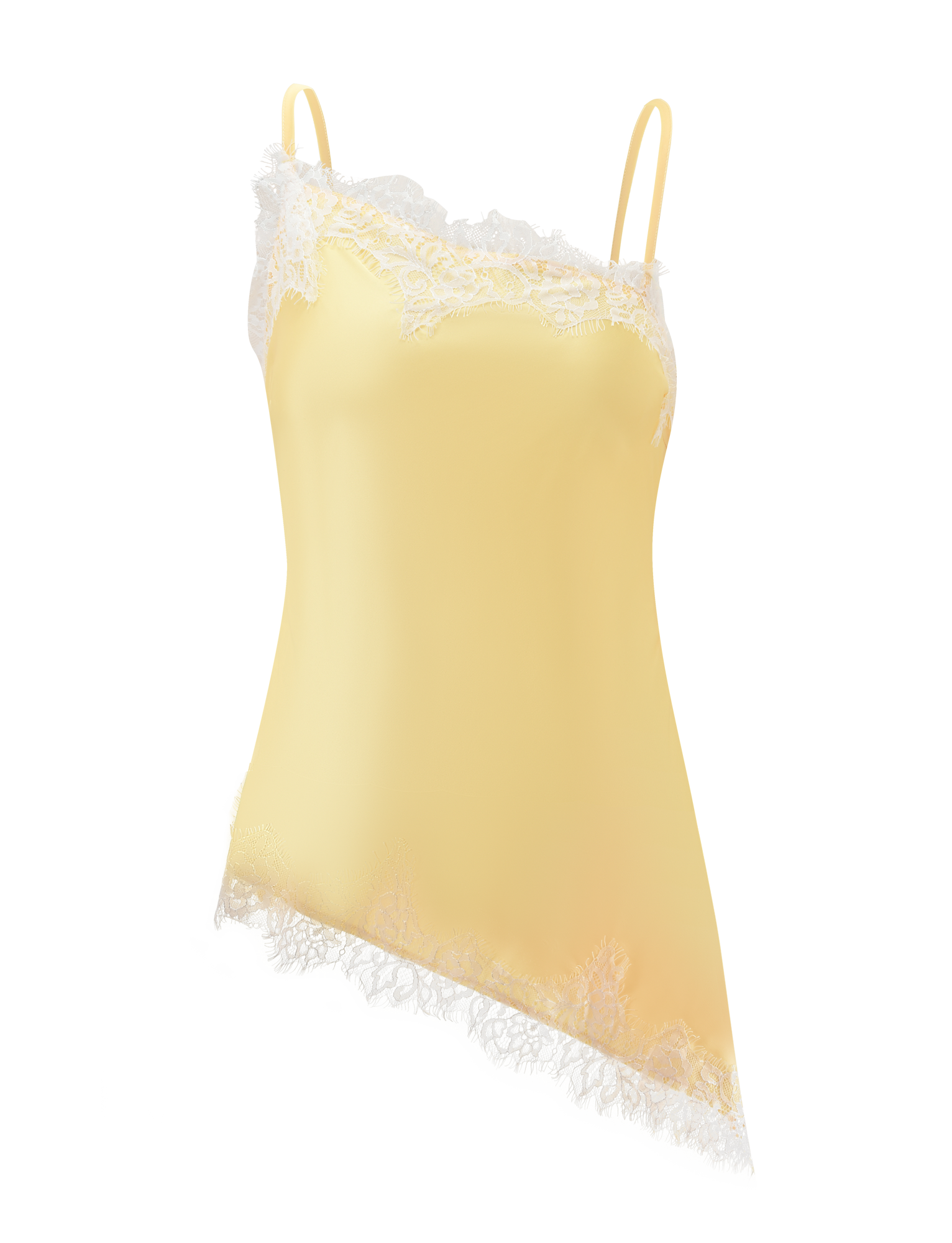 The SOLSTICE TOP - YELLOW by TIGERMIST features thin straps, ivory lace trim along the top edge, an asymmetrical hem, and a smooth, silky fabric.