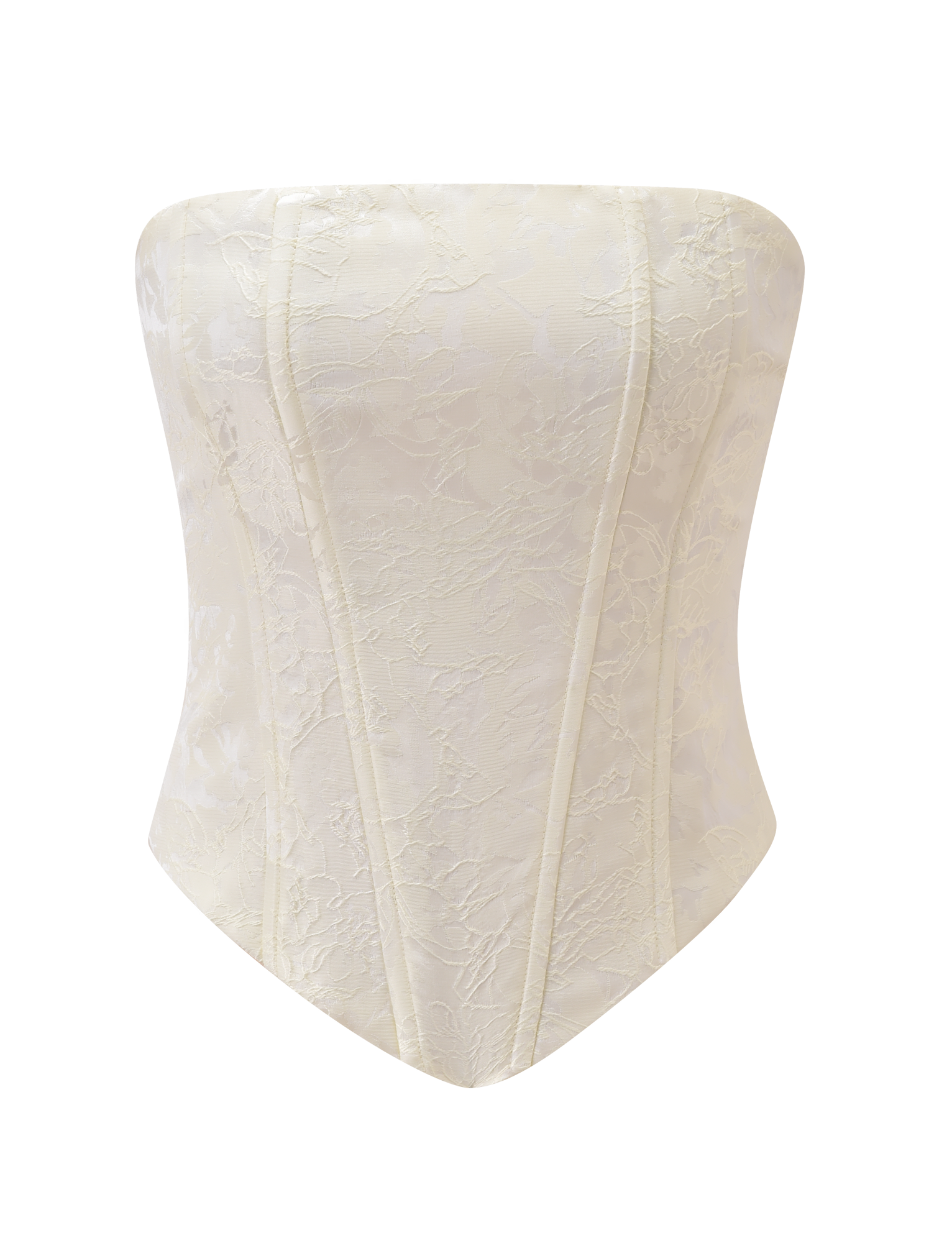The LANIA CORSET TOP by TIGERMIST is a cream strapless corset with a sweetheart neckline, structured seams, pointed hem, floral lace pattern, and an elegant lace-up back.