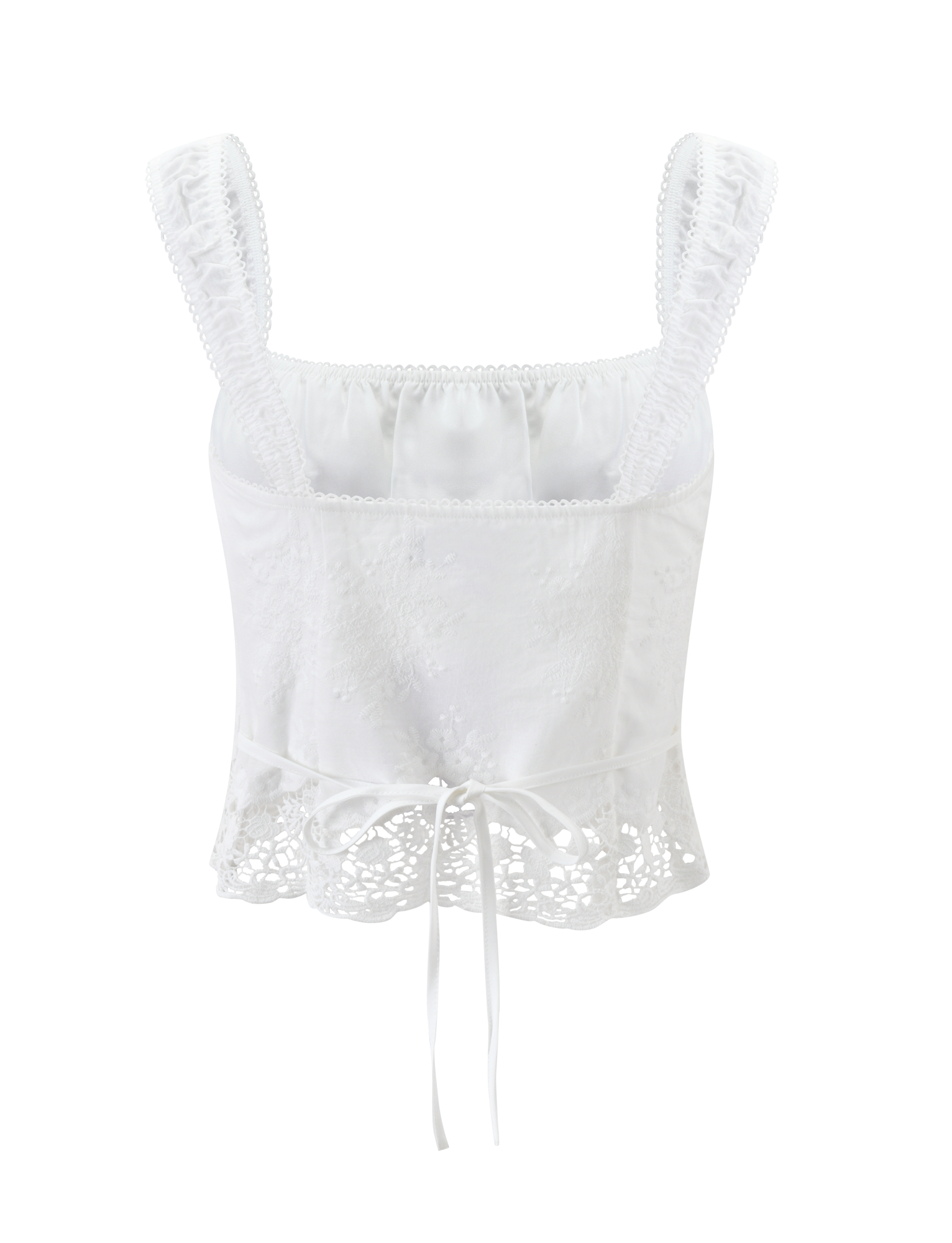 The ELENAI TOP - WHITE by TIGERMIST features a ruched bust, wide straps, lace hem trim, embroidered floral details, and a thin waist ribbon.