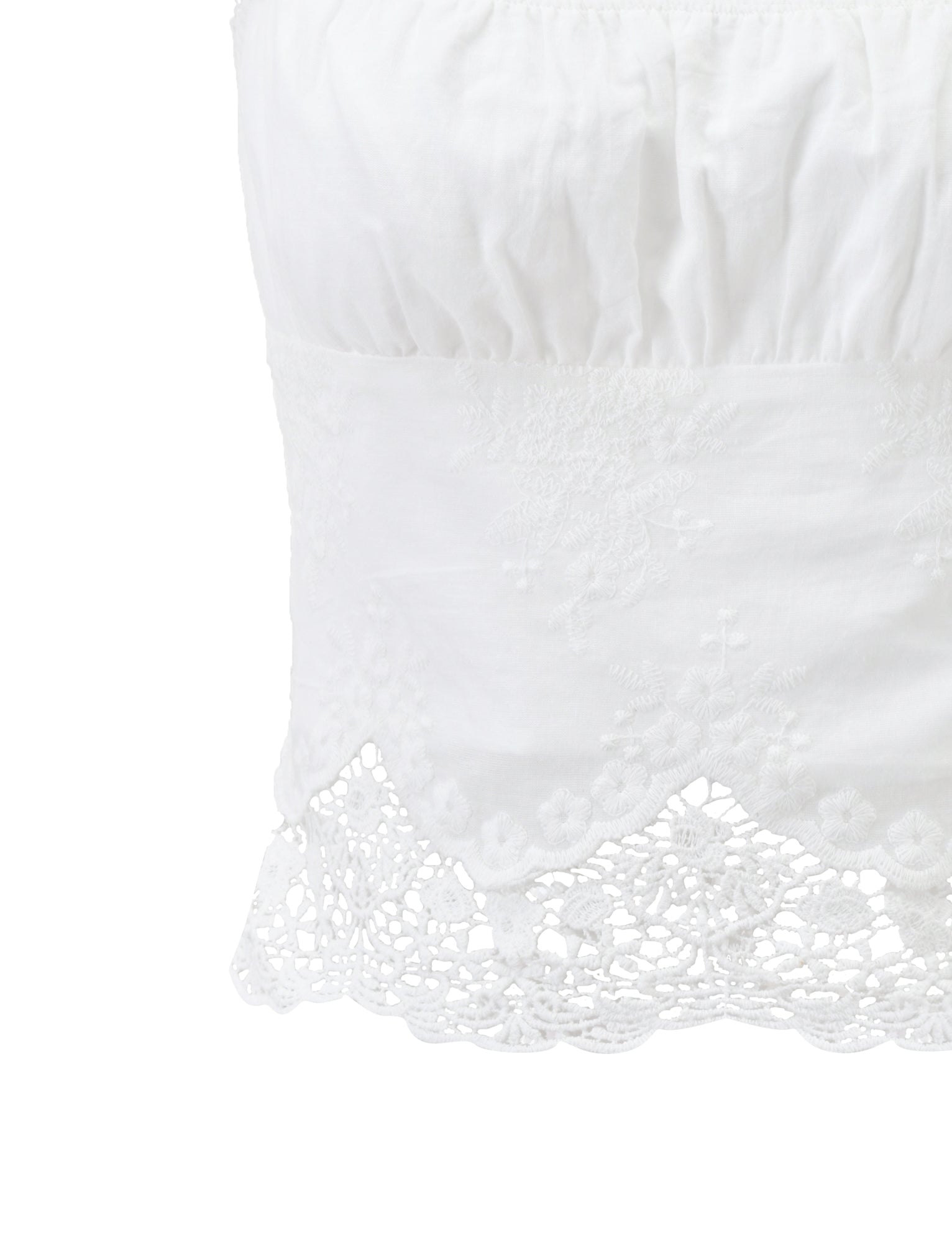 Close-up of the ELENAI TOP - WHITE by TIGERMIST, a white lace tank with delicate floral embroidery, scalloped lace trim, and lightweight gathered embroidered cotton eyelet fabric for an elegant touch.