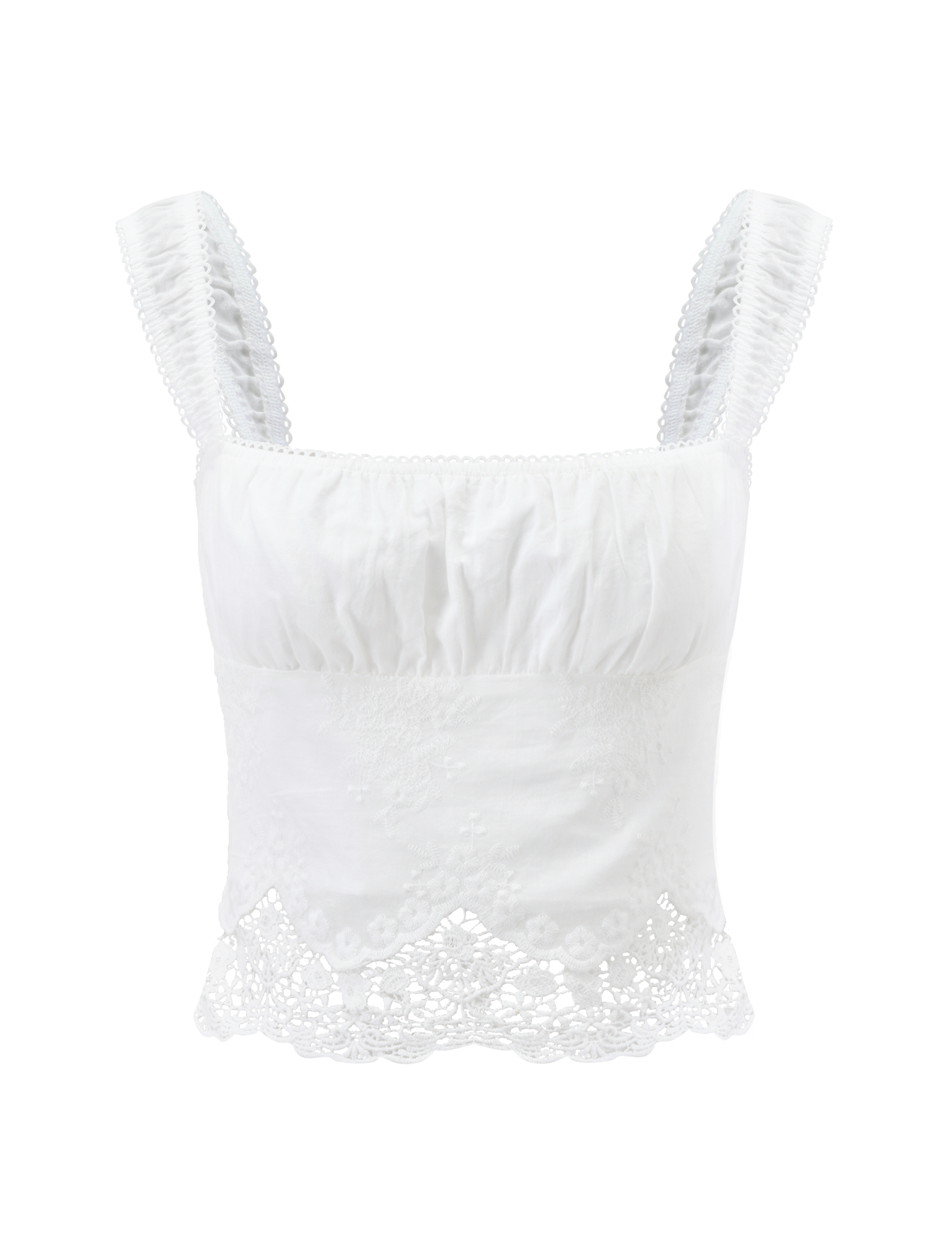 The ELENAI TOP in white by TIGERMIST features ruched straps, a gathered bust, and delicate floral lace details along its scalloped hem.