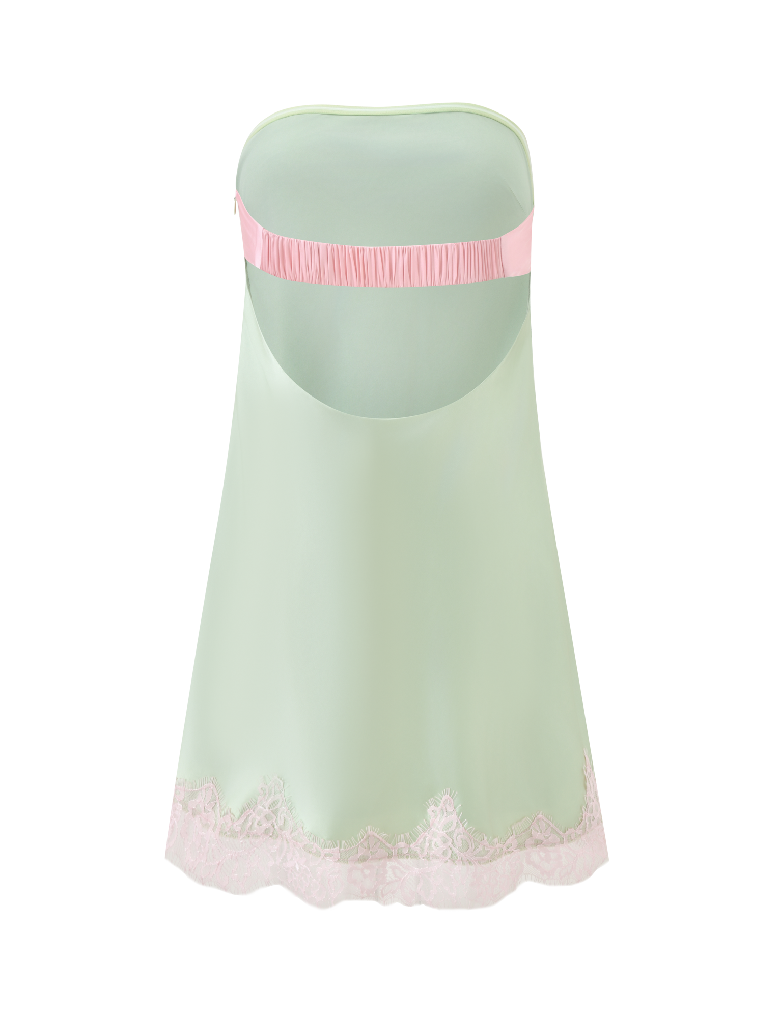 The MILYANA MINI DRESS by TIGERMIST is a pistachio satin strapless dress with a pink elastic back band, pink lace hem, and a soft, flowing silhouette for a charming feminine look.