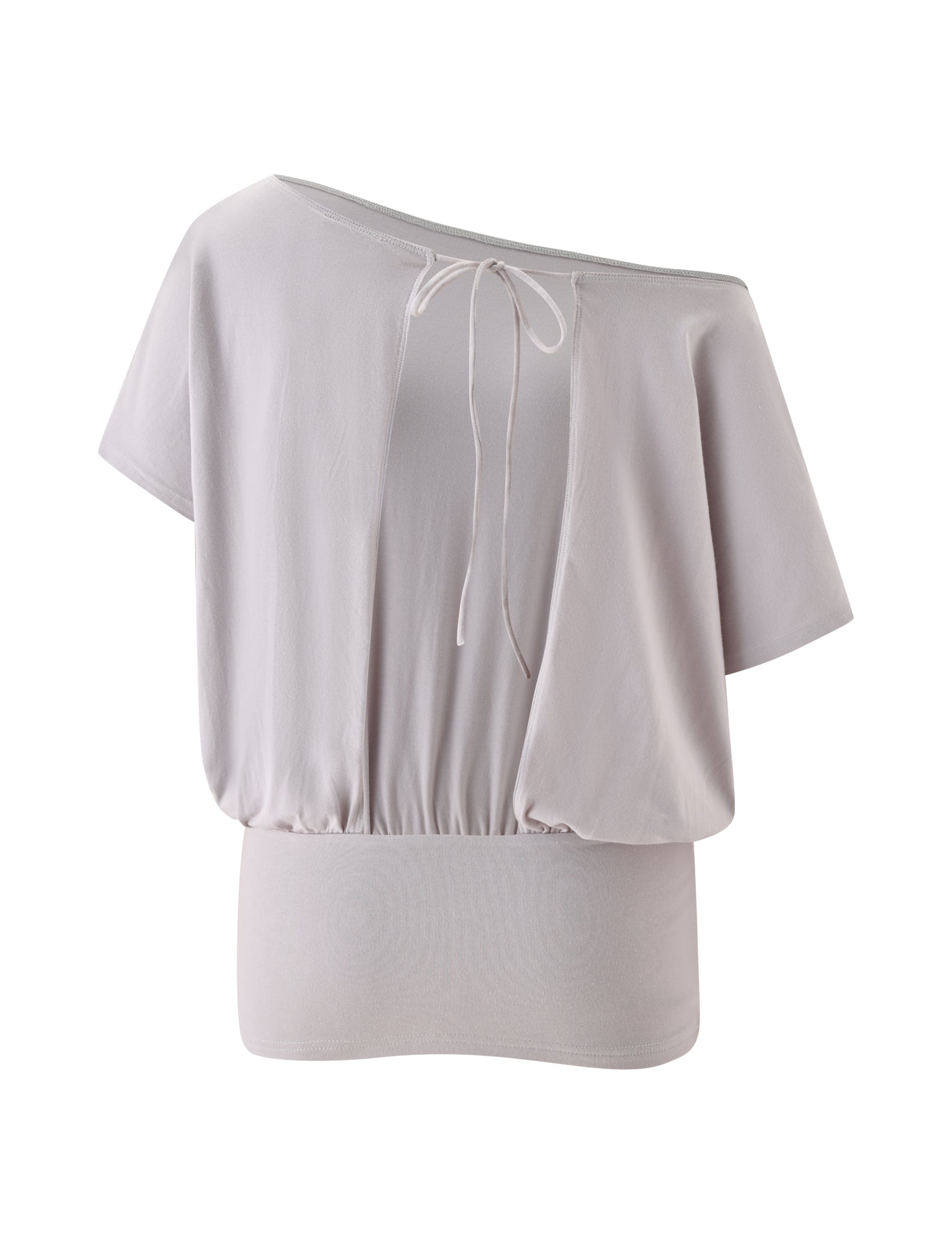 The DRELLA TOP by TIGERMIST features a dove grey hue, short sleeves, a cinched waist, a loose blouson silhouette, an off-shoulder neckline, and a delicate tie detail at the back.