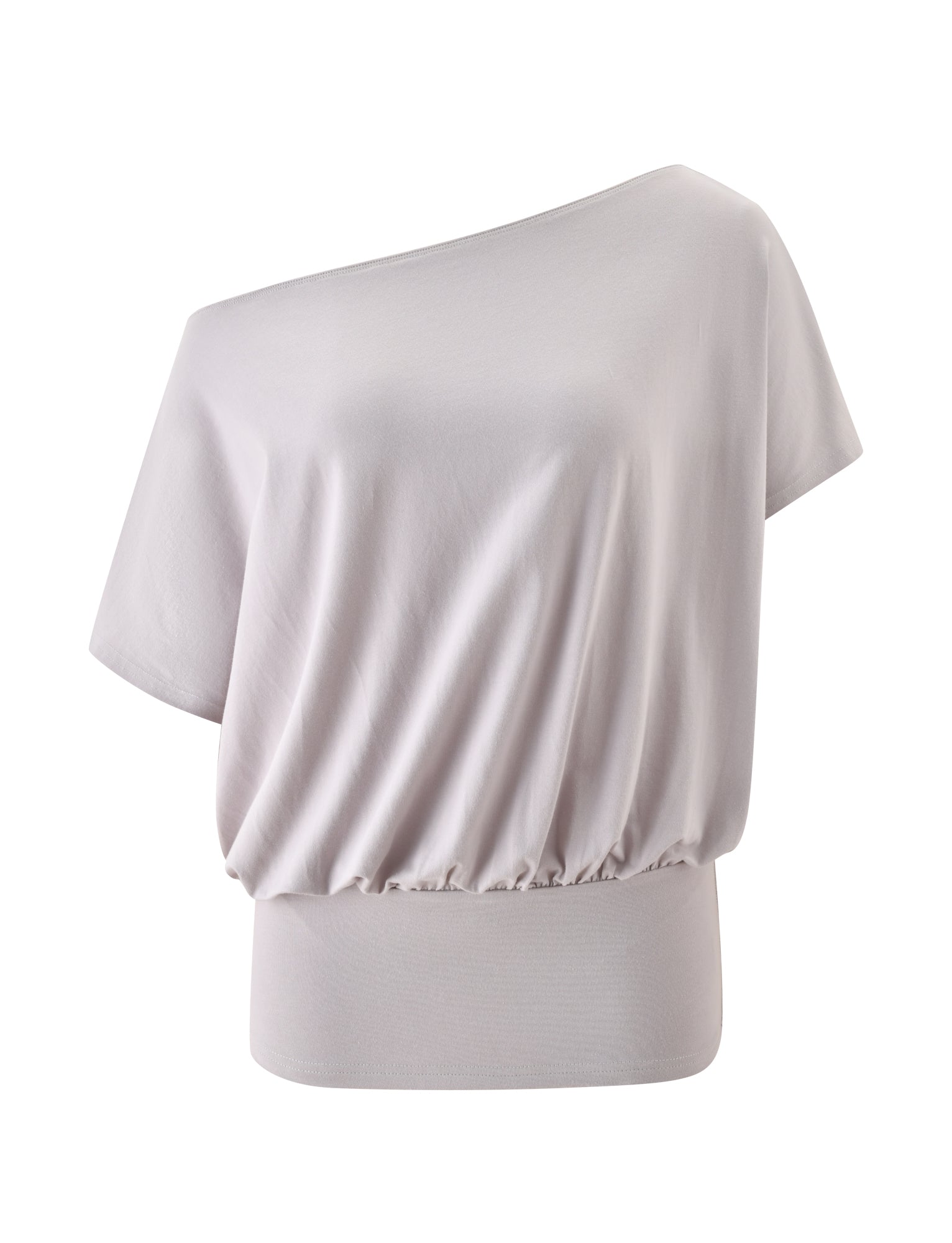 The DRELLA TOP in Dove Grey by TIGERMIST features a light gray hue, short sleeves, an off-the-shoulder neckline, a loose blouson silhouette with a gathered waistband, and soft draping fabric, shown against a white background.
