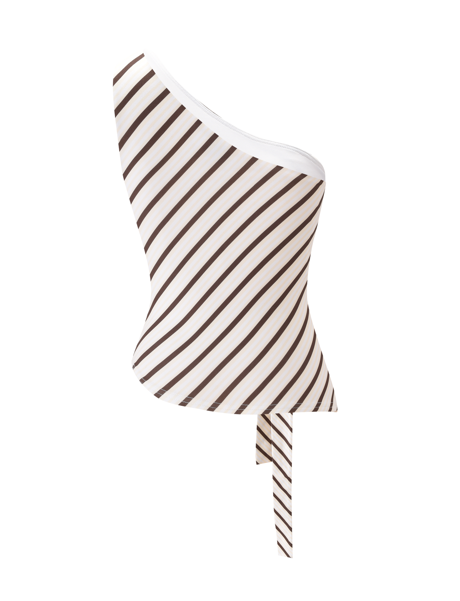 The TIGERMIST LYLE ONE SHOULDER TOP in yellow stripe features bold diagonal stripes and a stylish waistband tie, shown against a plain white background.