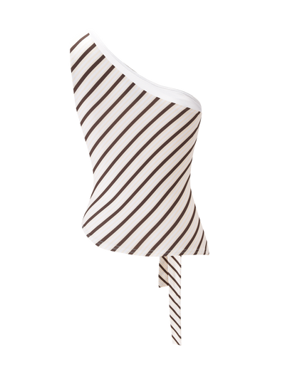 The TIGERMIST LYLE ONE SHOULDER TOP in yellow stripe features bold diagonal stripes and a stylish waistband tie, shown against a plain white background.