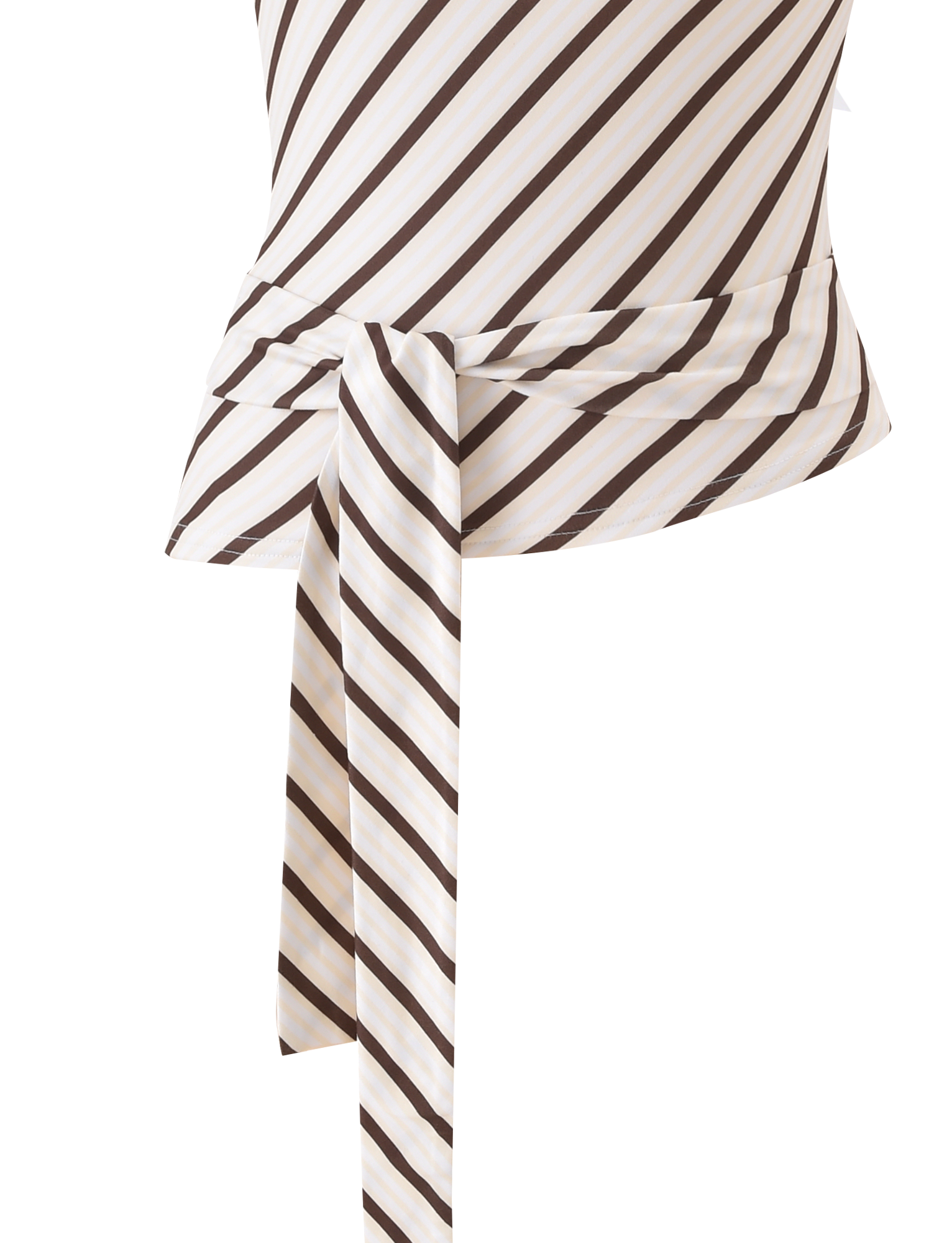 Close-up of the LYLE ONE SHOULDER TOP by TIGERMIST, showcasing yellow stripes on white and a matching waistband tie.