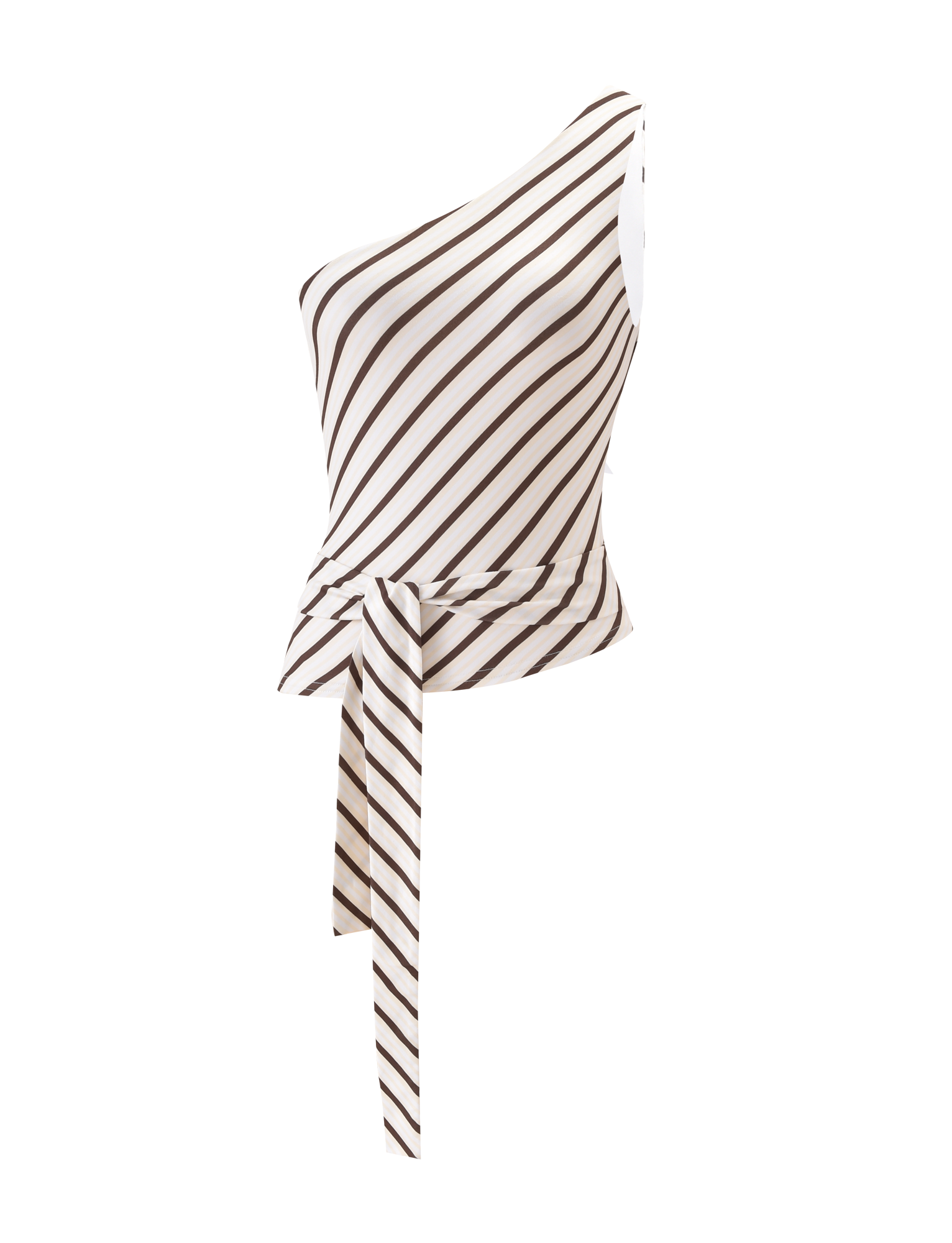 The TIGERMIST LYLE ONE SHOULDER TOP - YELLOW STRIPE is a sleeveless, yellow striped one-shoulder tank with diagonal stripes and a matching waistband tie, shown on a plain white background.