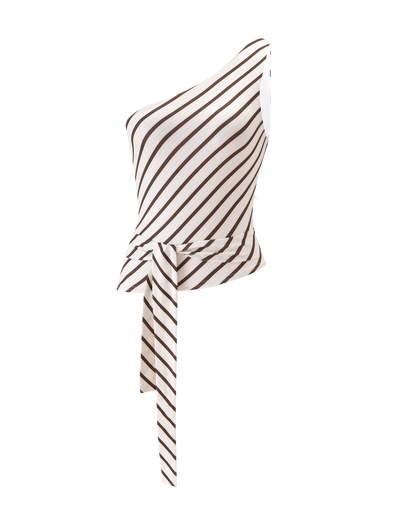 The TIGERMIST LYLE ONE SHOULDER TOP - YELLOW STRIPE is a sleeveless, yellow striped one-shoulder tank with diagonal stripes and a matching waistband tie, shown on a plain white background.