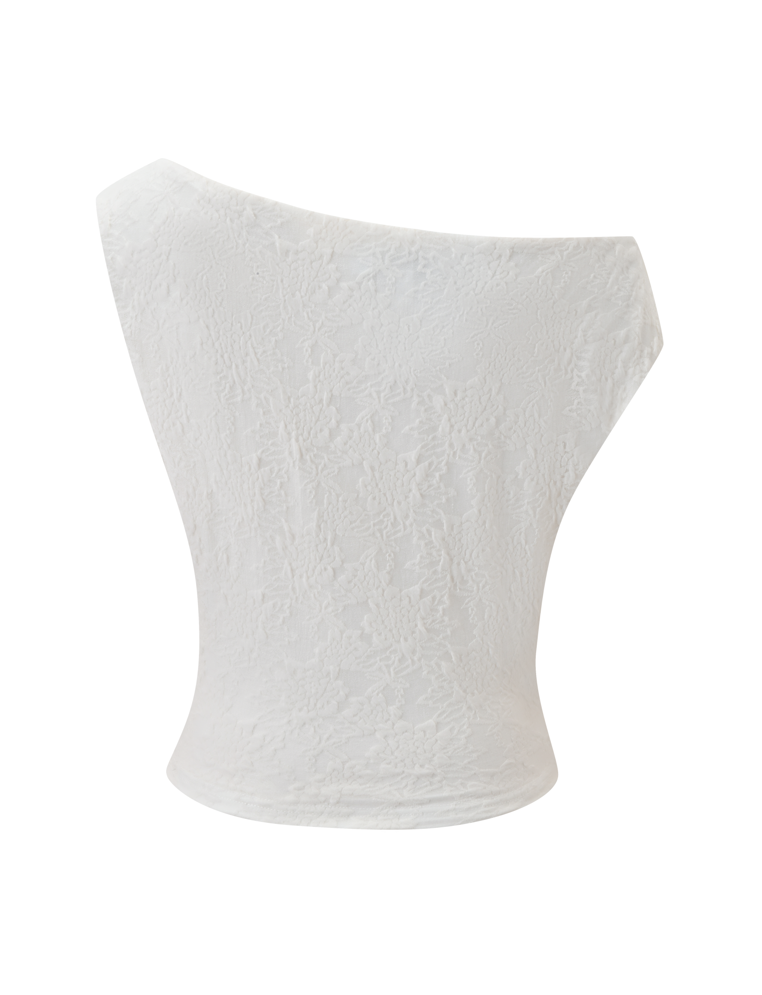 The MAVEN LACE TOP - IVORY by TIGERMIST is a chic, sleeveless, ivory lace top with a textured floral pattern, asymmetrical one-shoulder neckline, cropped hemline, shown against a plain white background.