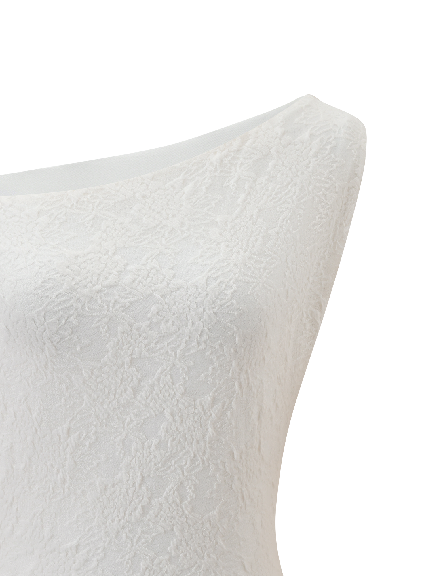 The TIGERMIST MAVEN LACE TOP in ivory, featuring a sleeveless design with an asymmetrical neckline and cropped hemline, is shown close-up on a mannequin against a plain white background.