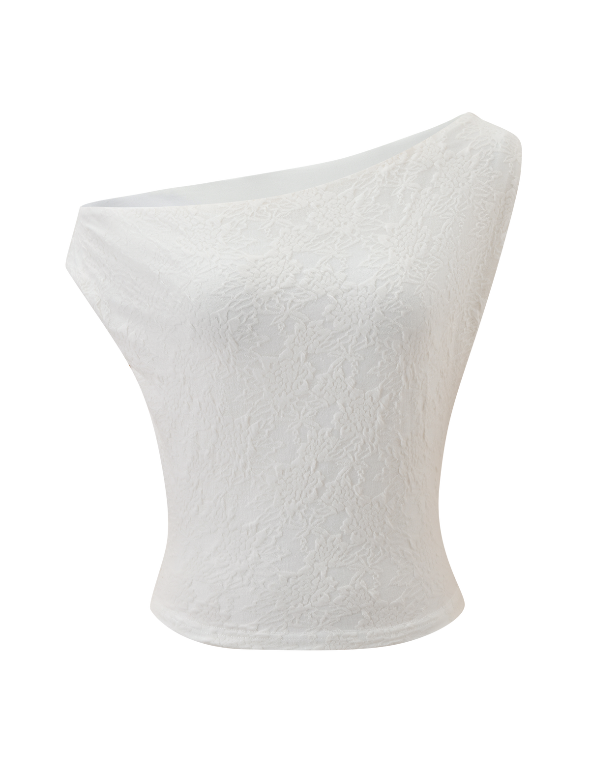 The MAVEN LACE TOP - IVORY by TIGERMIST is a white, one-shoulder ivory lace top featuring a subtle floral texture and cropped hemline, shown on a plain white background.