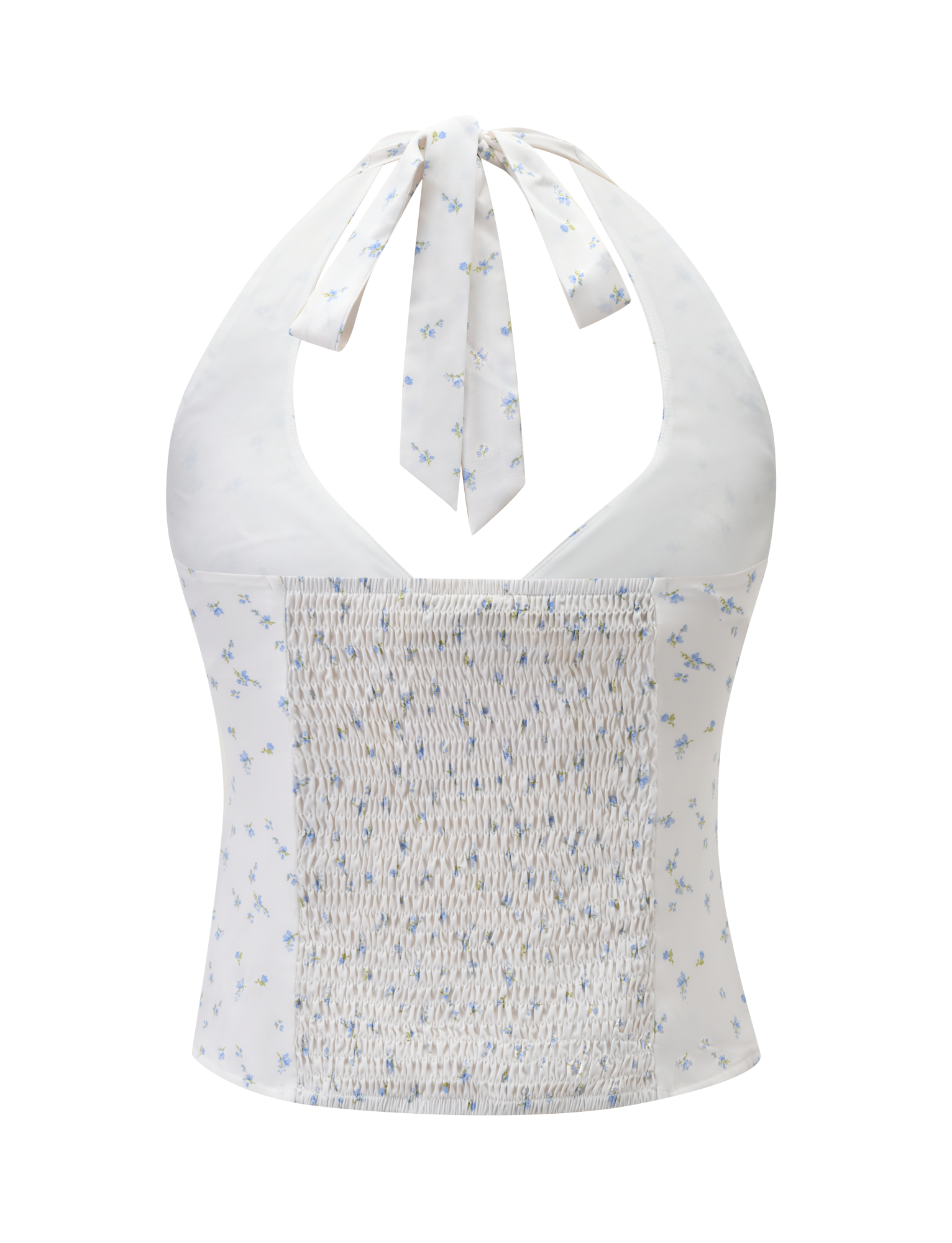 The CALI TOP - DITSY FLORAL by TIGERMIST is a sleeveless white halter top with a blue ditsy floral print, tie-back, smocked central panel, and subtle ruched bust detailing.