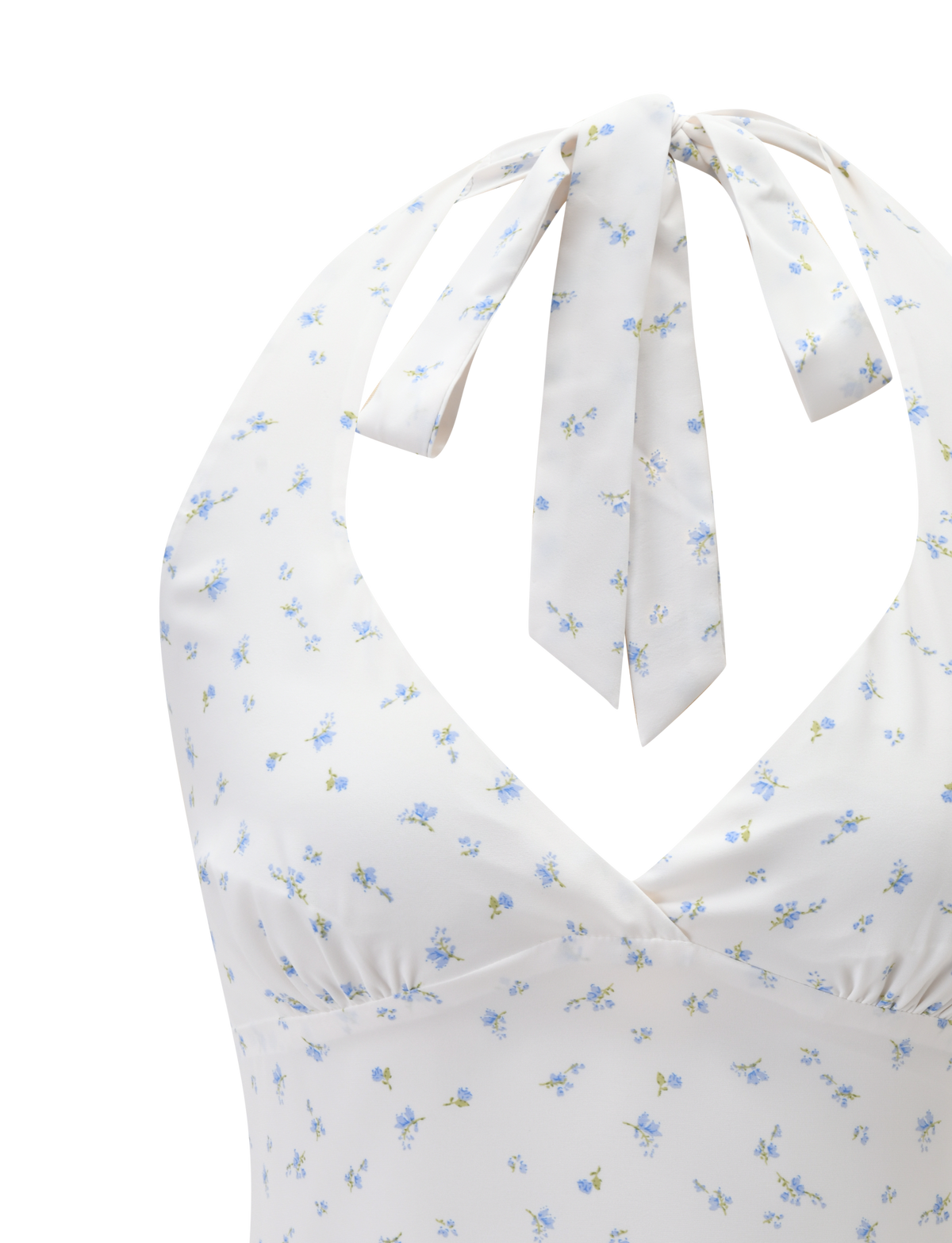 Close-up of the TIGERMIST CALI TOP - DITSY FLORAL, a white halter-neck style with a blue ditsy floral print, V-neckline, neck ties, and ruched bust detailing for added texture.