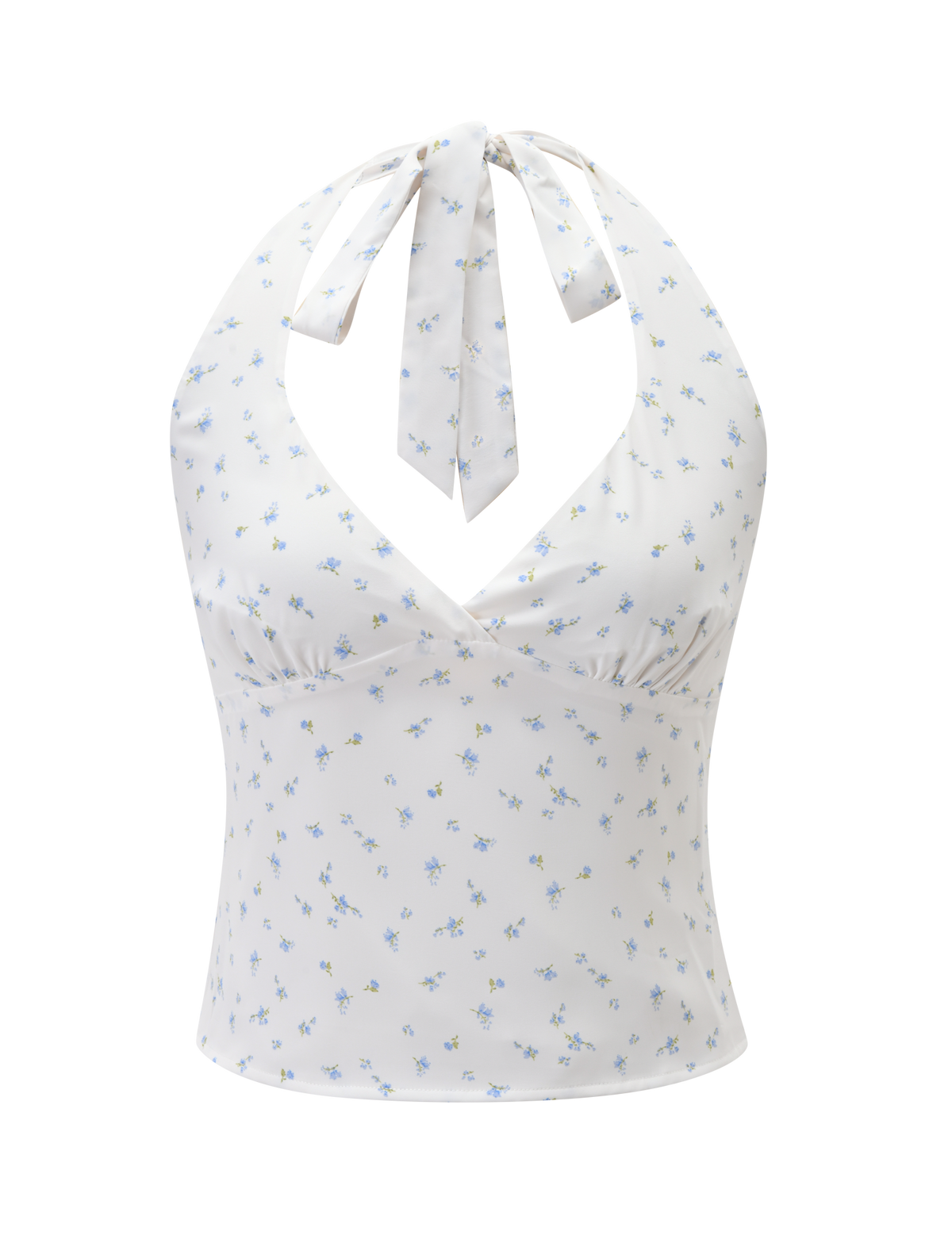 The CALI TOP - DITSY FLORAL by TIGERMIST features a white and blue ditsy floral print, halter neck with tie, v-neckline, ruched bust detail, and a fitted silhouette.