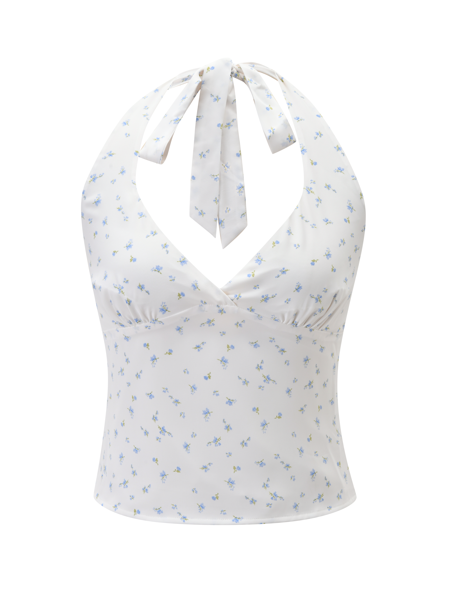 The CALI TOP - DITSY FLORAL by TIGERMIST features a white and blue ditsy floral print, halter neck with tie, v-neckline, ruched bust detail, and a fitted silhouette.