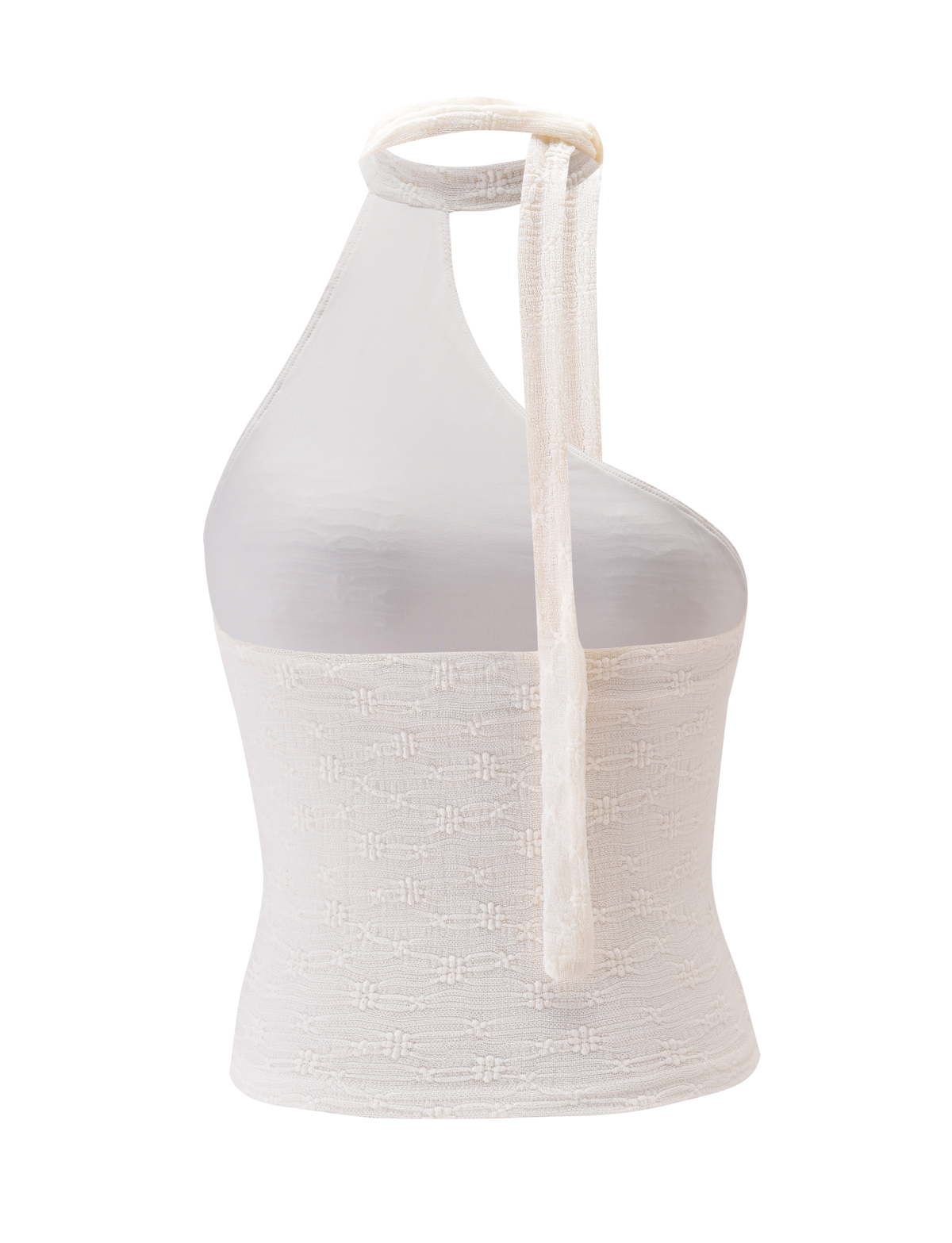 The MYLAH ONE SHOULDER TOP - IVORY by TIGERMIST features an ivory lace knit with a textured finish, an asymmetrical one-shoulder halter scarf neckline, and a wrap-around neck tie, displayed on a mannequin against a plain background.