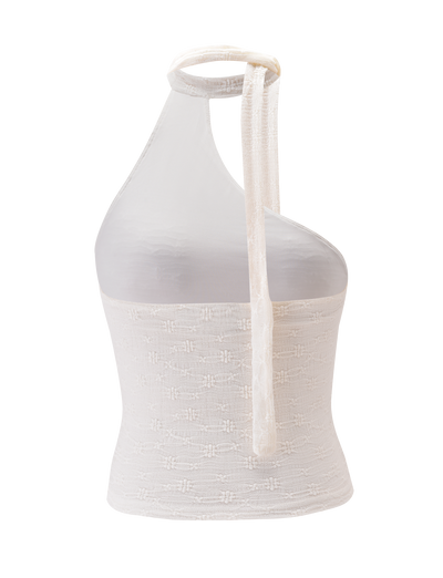 The MYLAH ONE SHOULDER TOP - IVORY by TIGERMIST features an ivory lace knit with a textured finish, an asymmetrical one-shoulder halter scarf neckline, and a wrap-around neck tie, displayed on a mannequin against a plain background.
