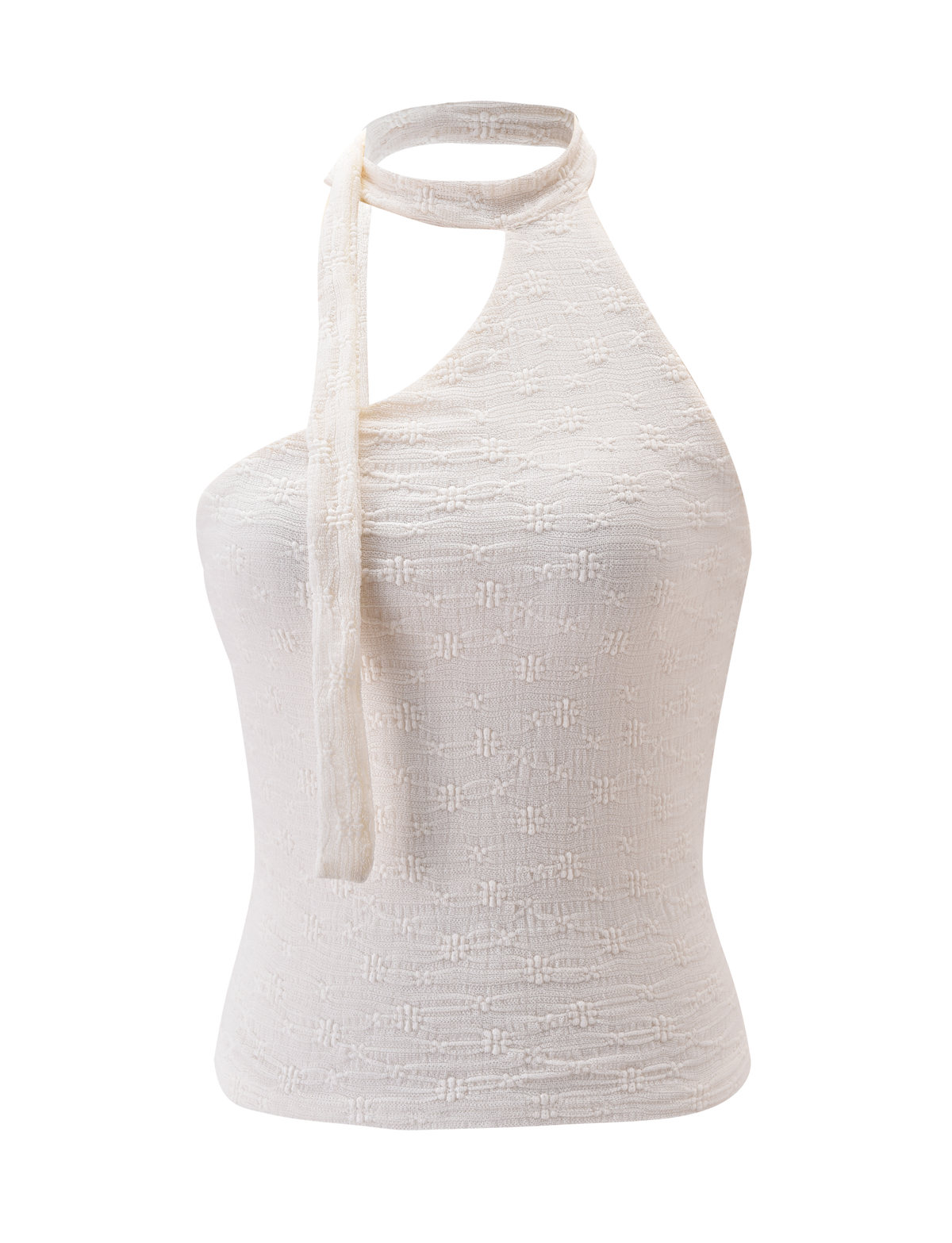 The MYLAH ONE SHOULDER TOP in ivory by TIGERMIST is a sleeveless lace knit top with a one-shoulder design and a textured halter neck scarf featuring an attached tie, shown against a plain white background.