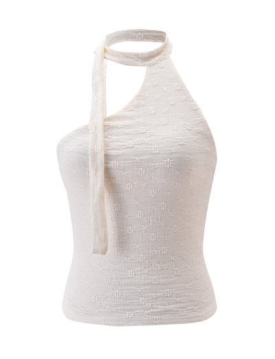The MYLAH ONE SHOULDER TOP in ivory by TIGERMIST is a sleeveless lace knit top with a one-shoulder design and a textured halter neck scarf featuring an attached tie, shown against a plain white background.