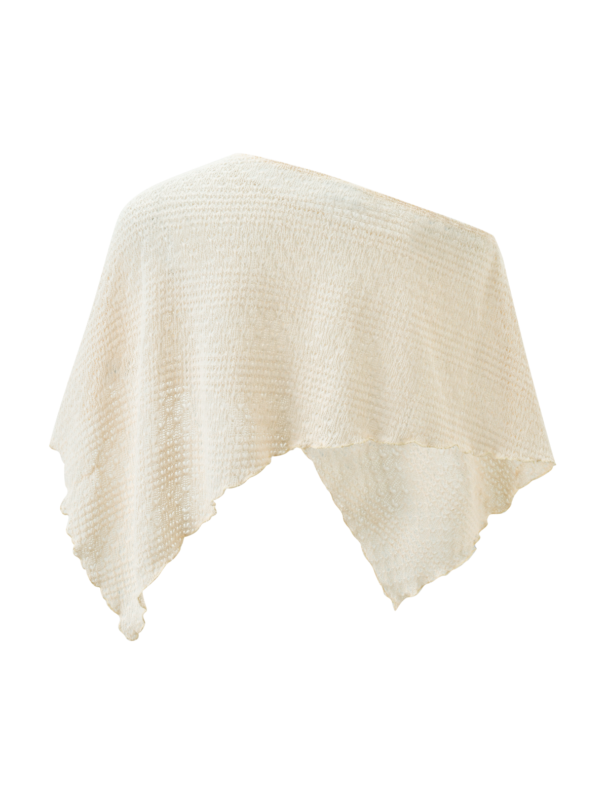 The FAIRLEE PONCHO by TIGERMIST is a cream crochet knit piece featuring textured fabric and an asymmetrical draped hem, shown against a plain white background.