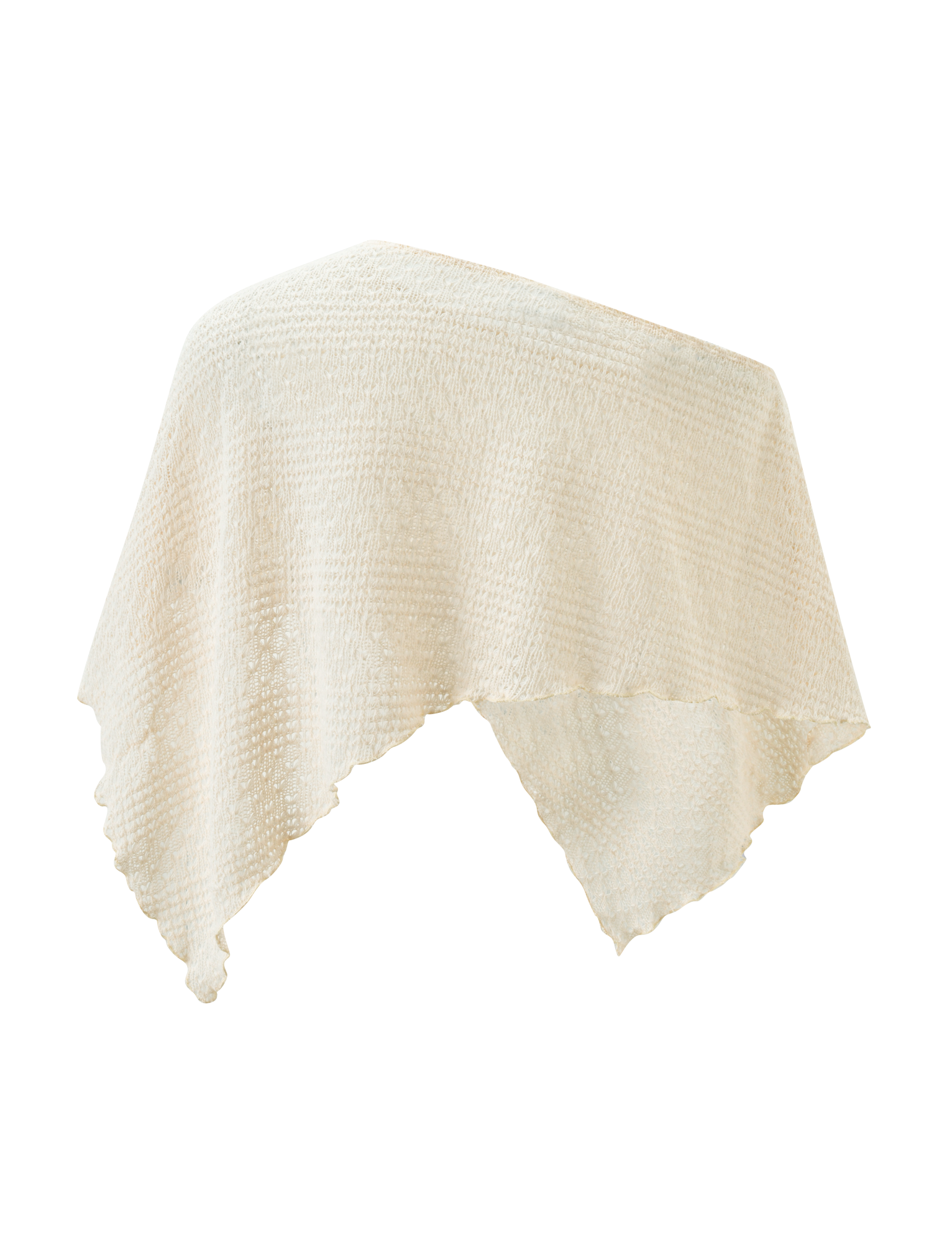 The FAIRLEE PONCHO by TIGERMIST is a cream crochet knit piece featuring textured fabric and an asymmetrical draped hem, shown against a plain white background.