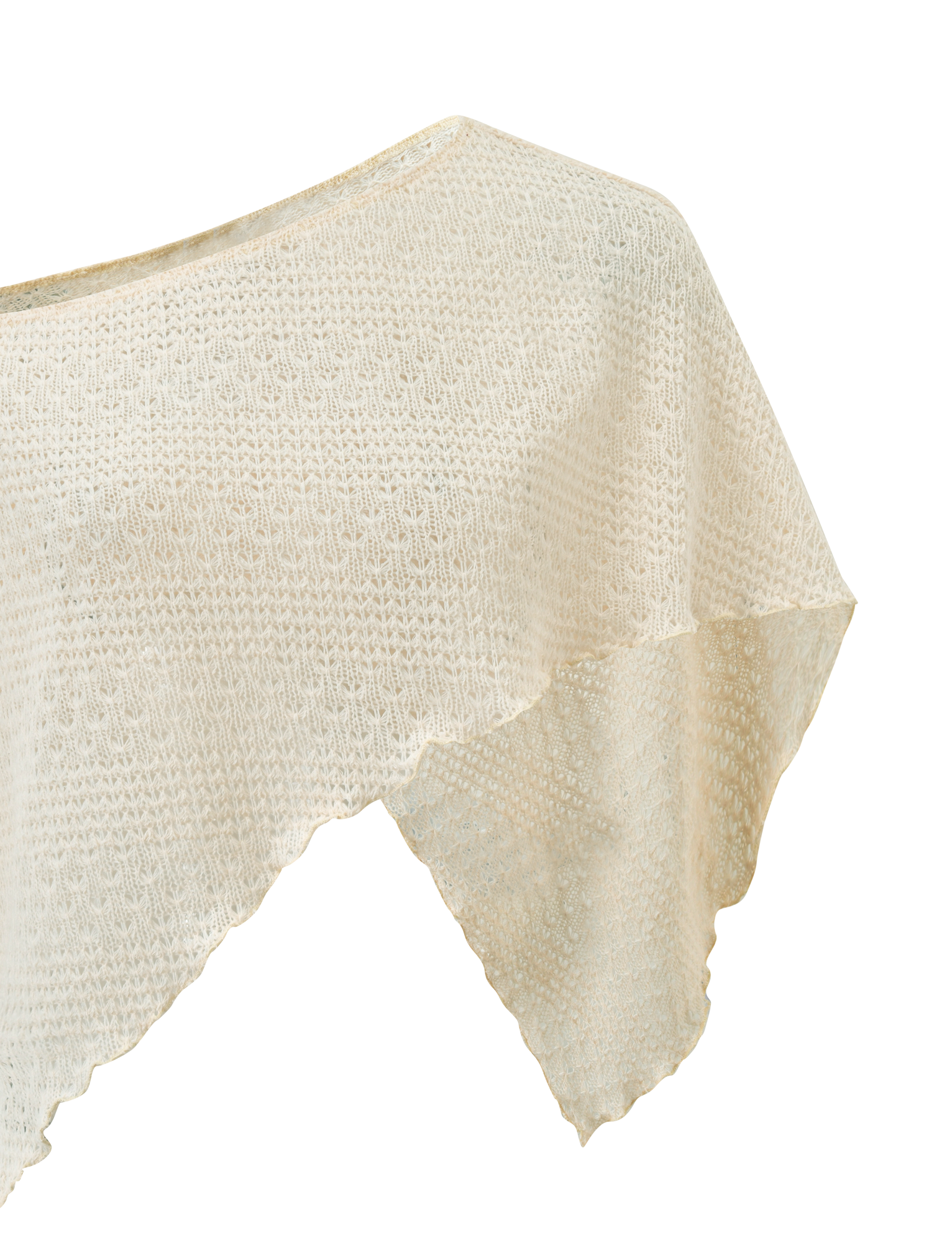 The TIGERMIST FAIRLEE PONCHO in cream features an asymmetrical crochet knit with a textured, open-weave pattern and wavy hem—ideal as a lightweight beach cover-up—shown against a plain white background.