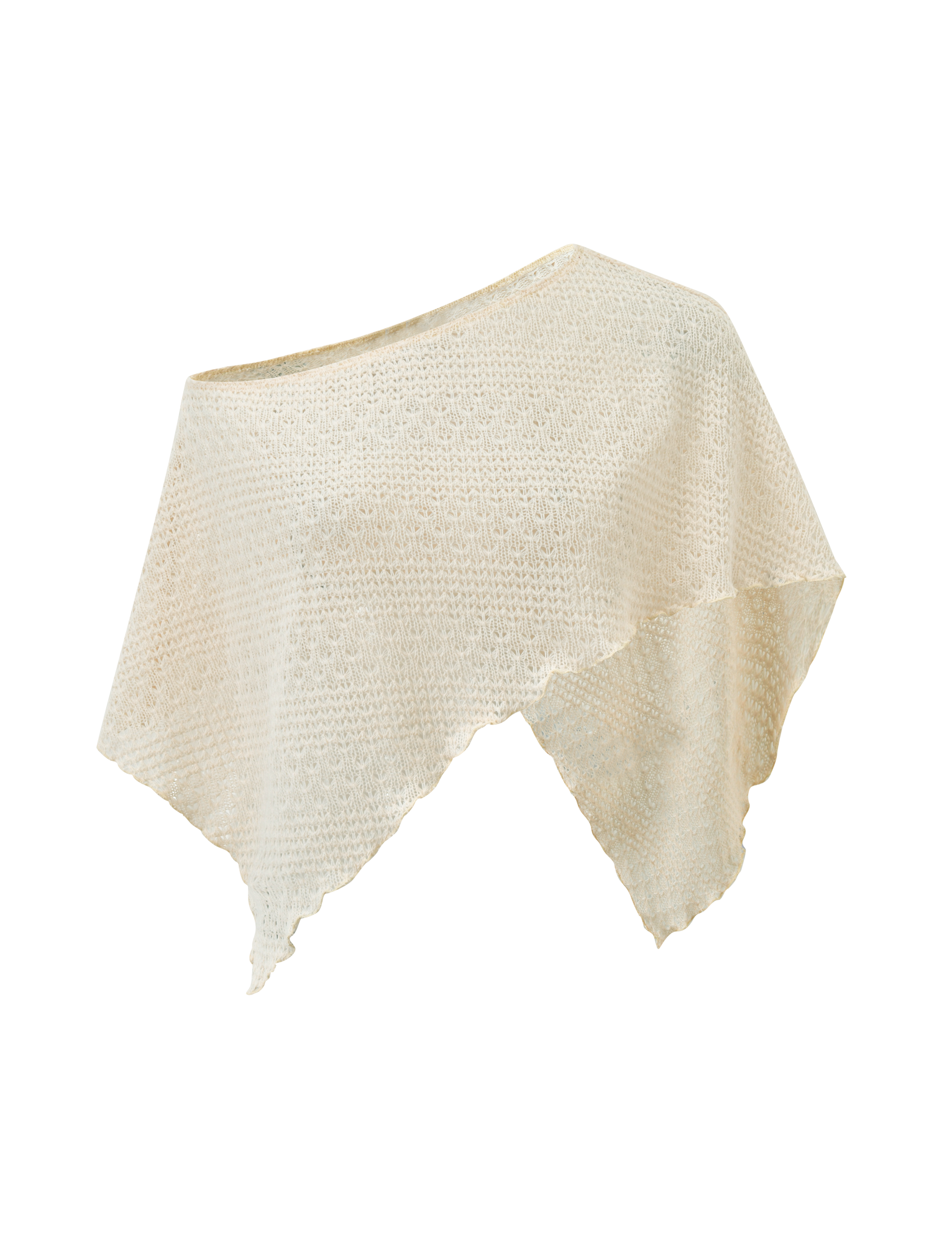 The FAIRLEE PONCHO in cream by TIGERMIST features an asymmetrical crochet knit with a textured pattern and pointed hem, perfect as a lightweight beach cover-up. Displayed on a plain white background.