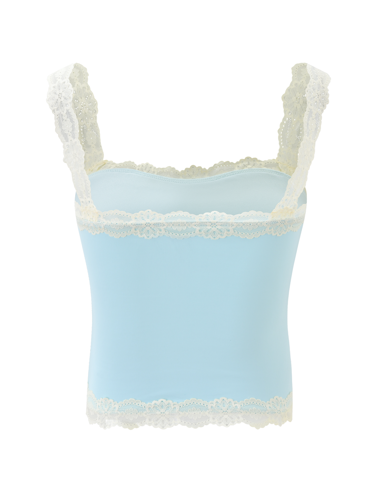 The TIGERMIST NOVA TOP - BLUE is a light blue sleeveless camisole featuring a square neckline and floral lace trim on the straps and hem, shown against a plain white background.