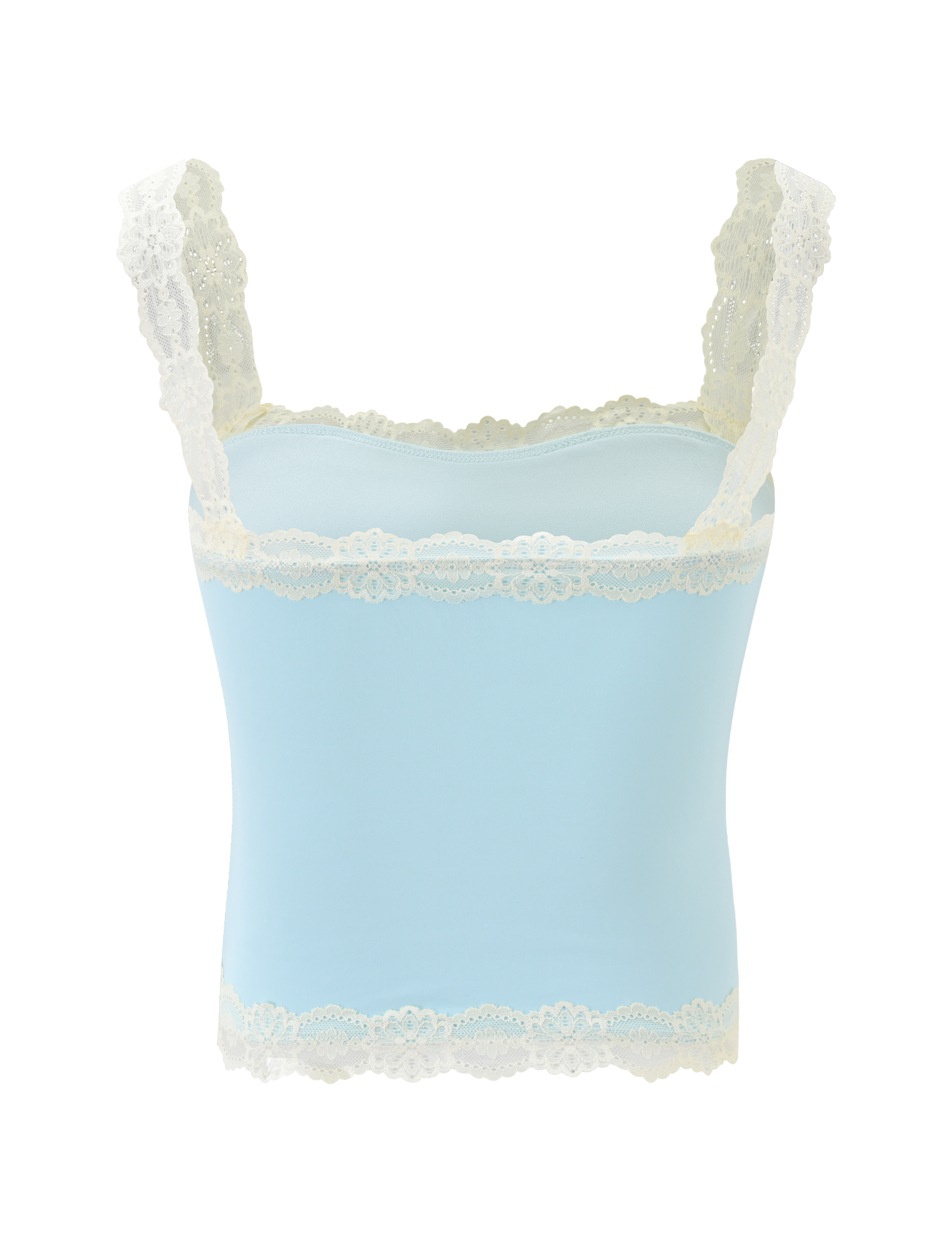 The TIGERMIST NOVA TOP - BLUE is a light blue sleeveless camisole featuring a square neckline and floral lace trim on the straps and hem, shown against a plain white background.