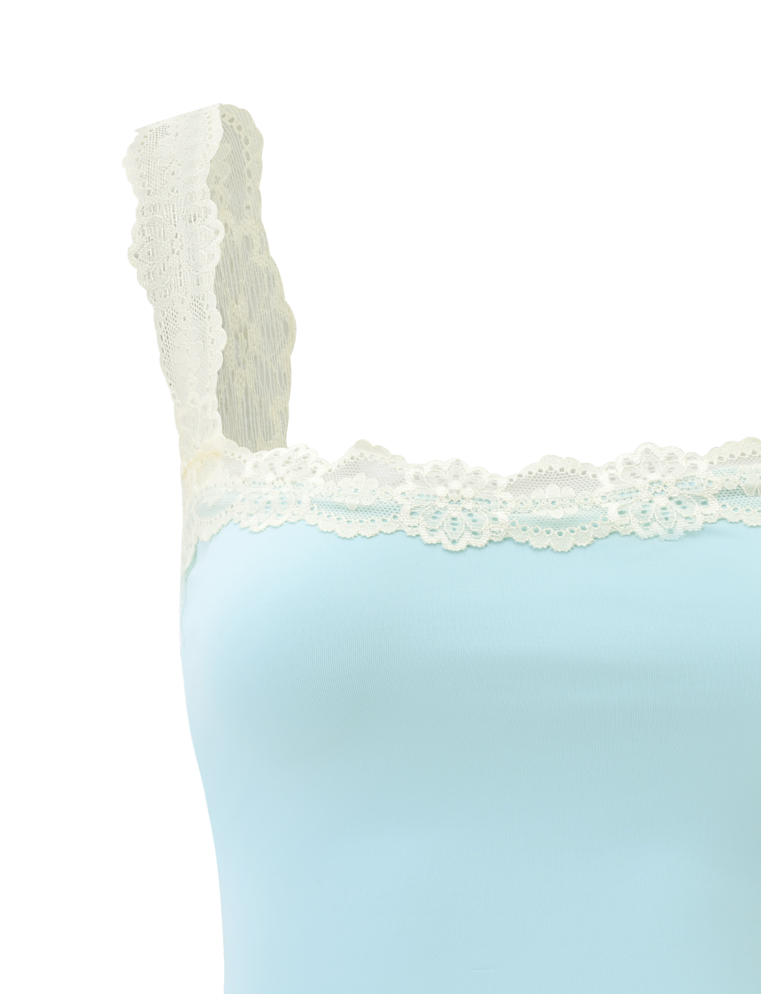 The TIGERMIST NOVA TOP - BLUE is a baby blue fitted tank with floral lace straps and a wide cream trim on the square neckline, shown against a plain white background.